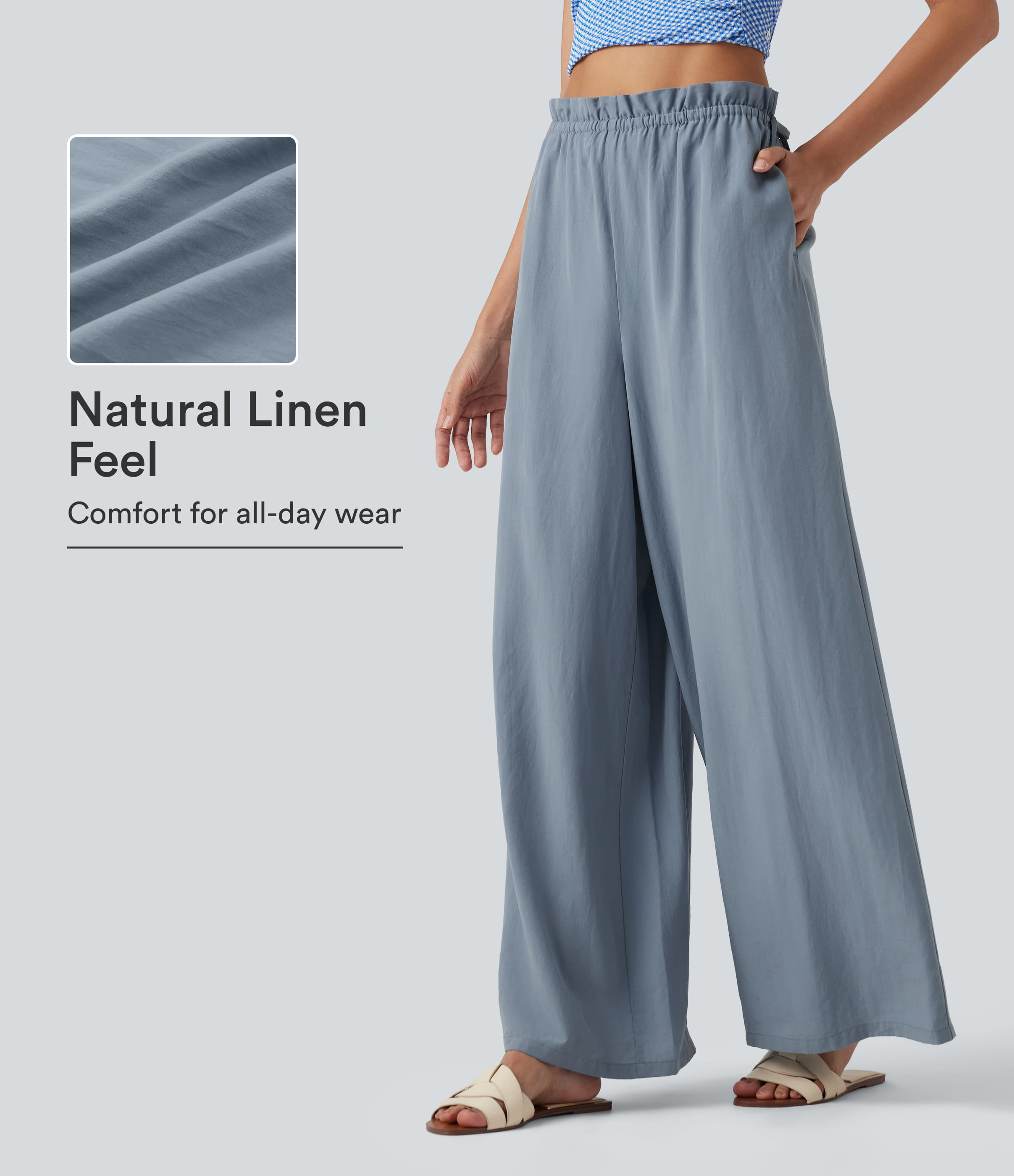Frill Trim Mid Rise Drawstring Casual Linen-Blend Baggy Flowy Pants with Pockets