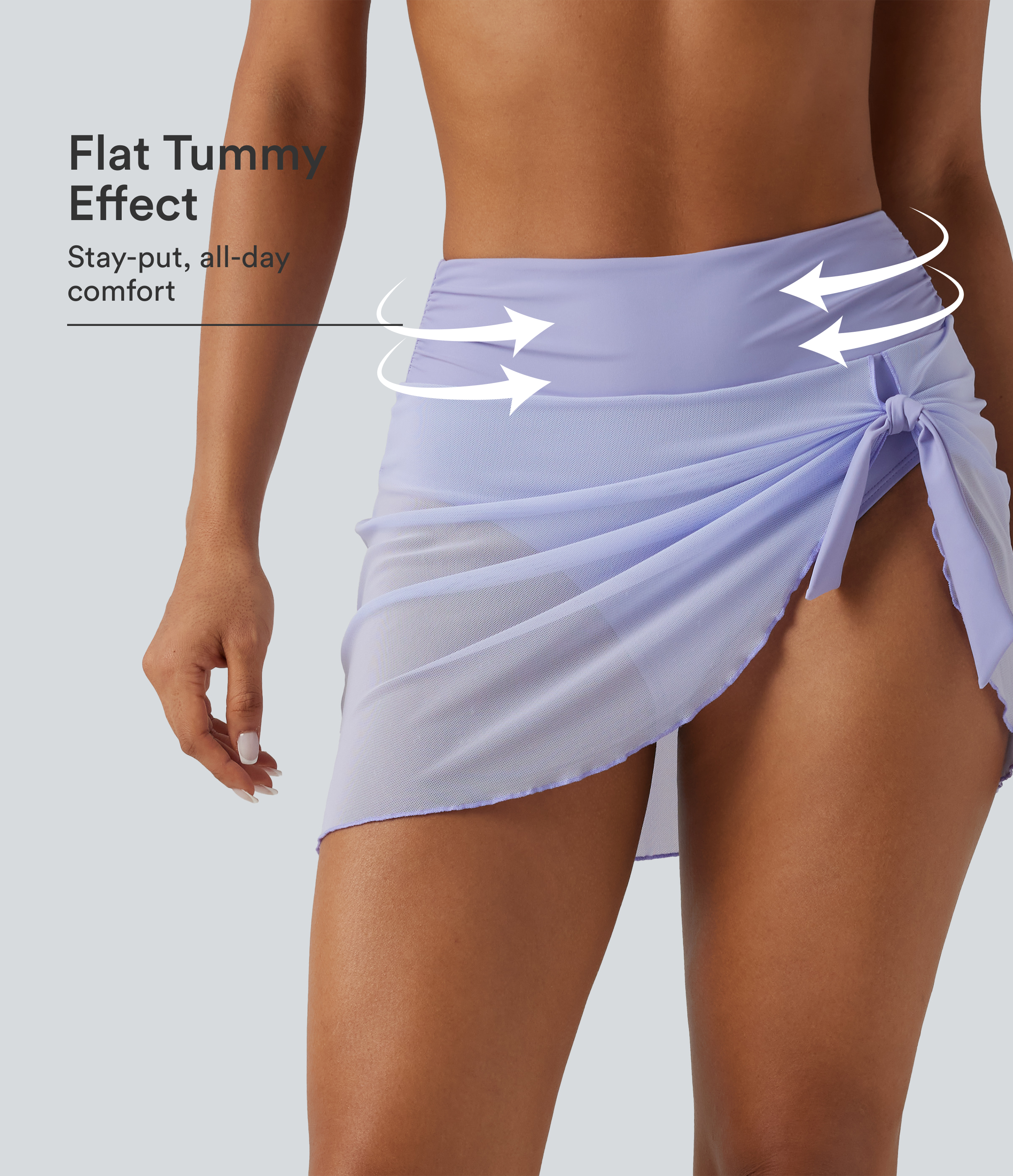 High Waisted Tummy Control Mesh Ruched Tie Asymmetric Hem 2-in-1 Bikini Bottom Swimsuit 3"