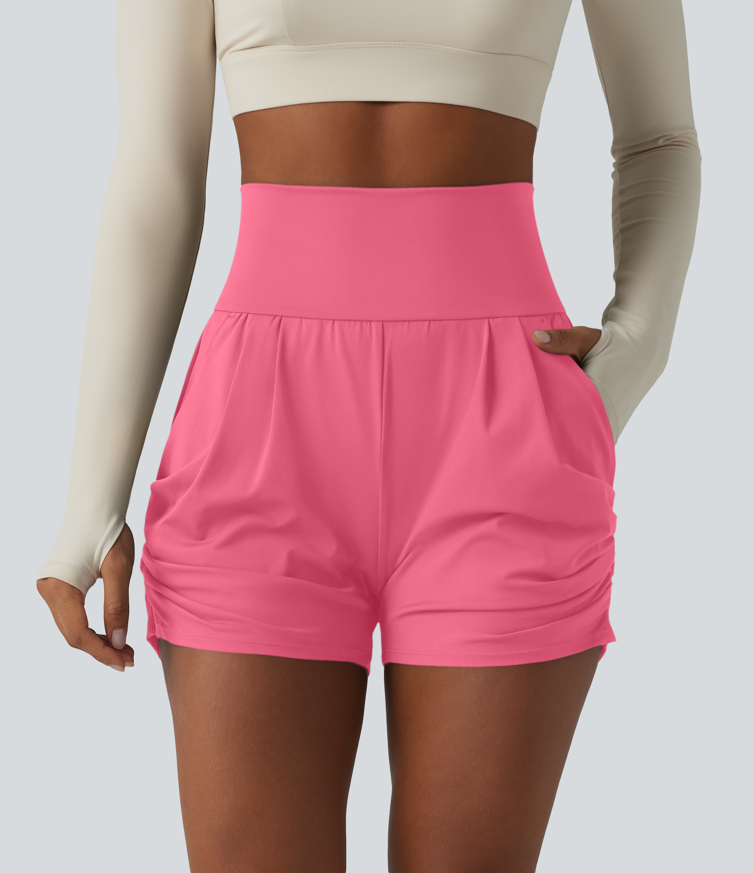 SoftlyZero™ Airy High Waisted Ruched Cool Touch Yoga Shorts 3'' with Pockets