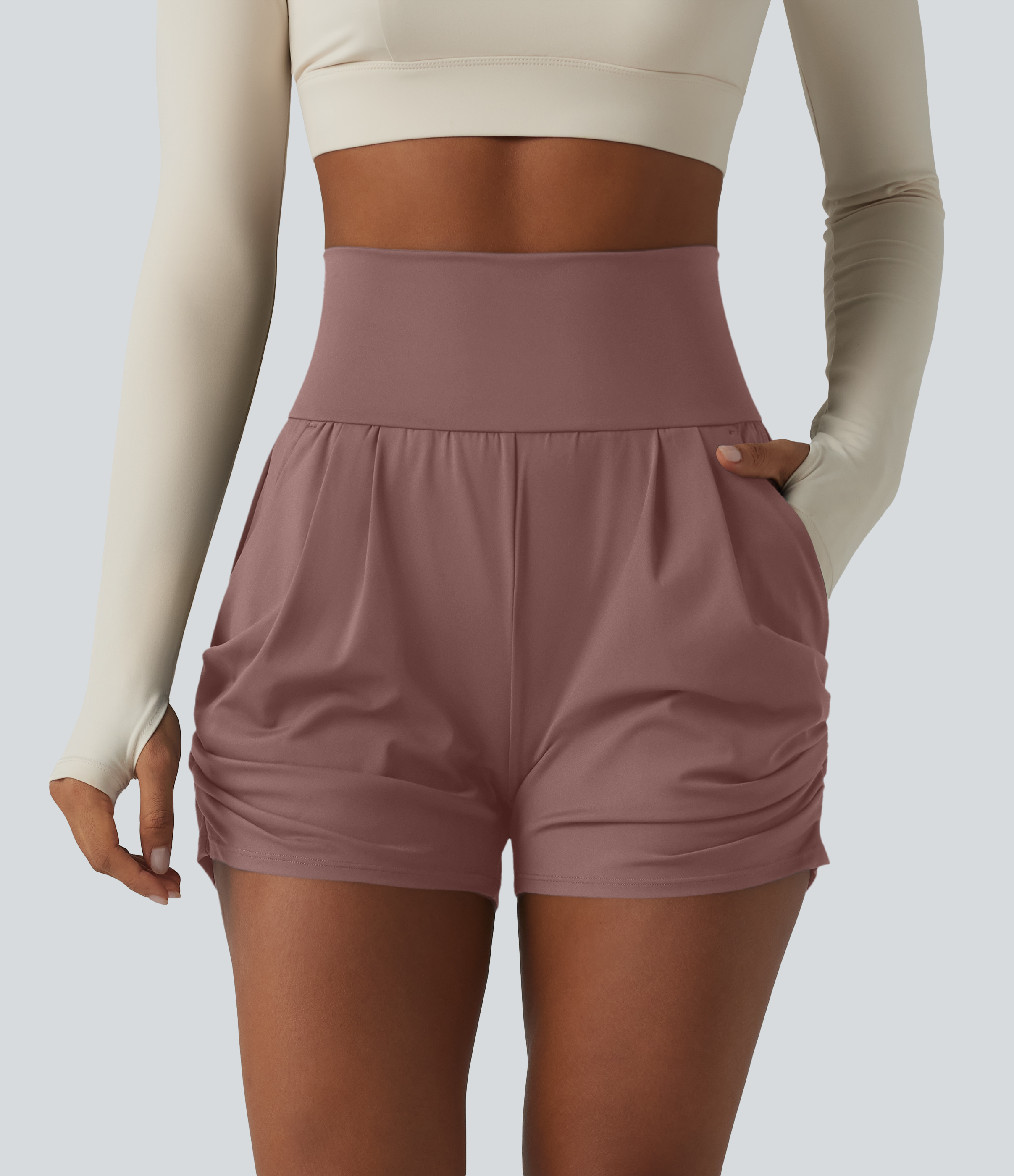 SoftlyZero™ Airy High Waisted Ruched Cool Touch Yoga Shorts 3'' with Pockets