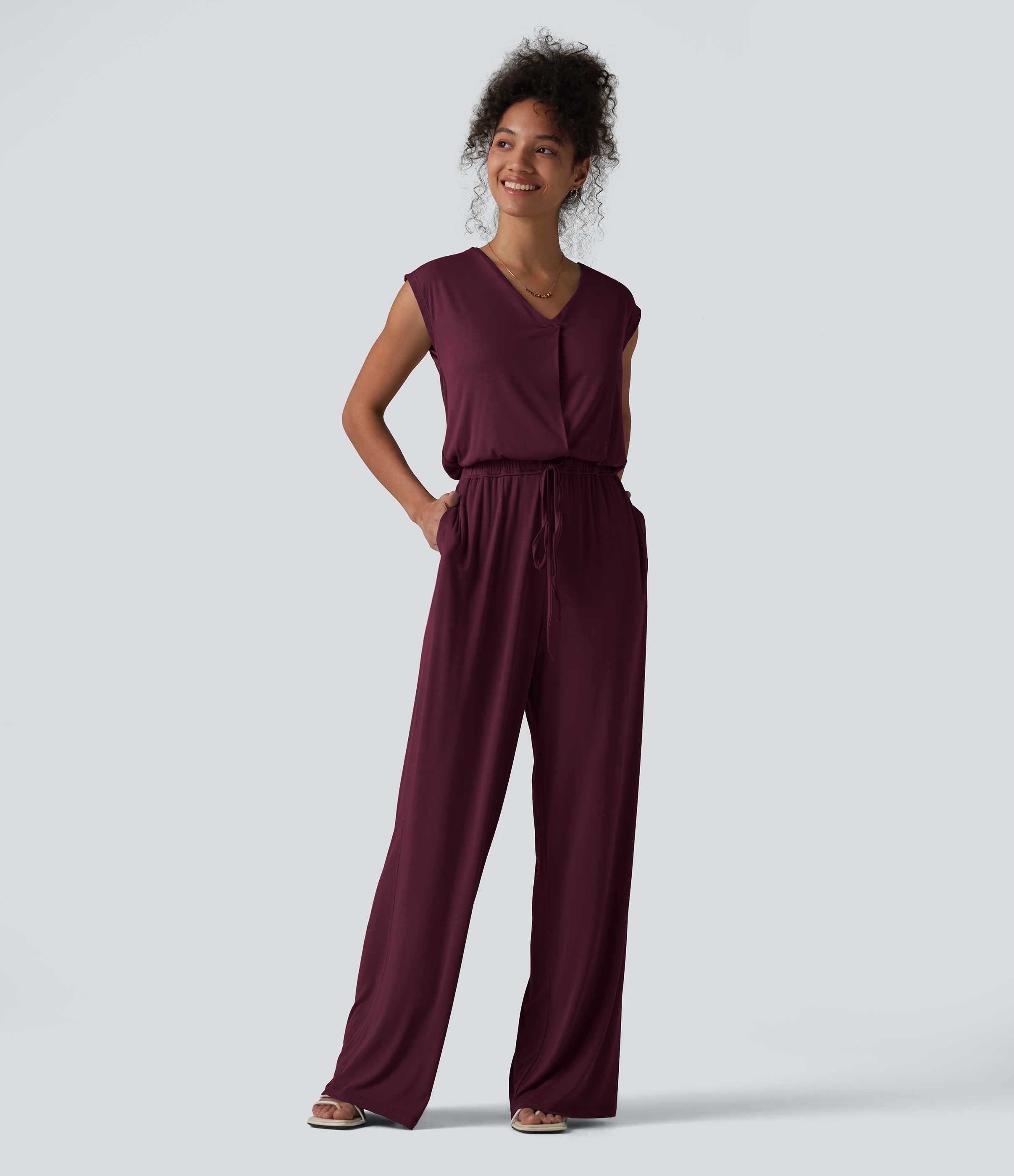 V-neck Sleeveless Drawstring Casual Jumpsuit with Pockets-Easy Peezy