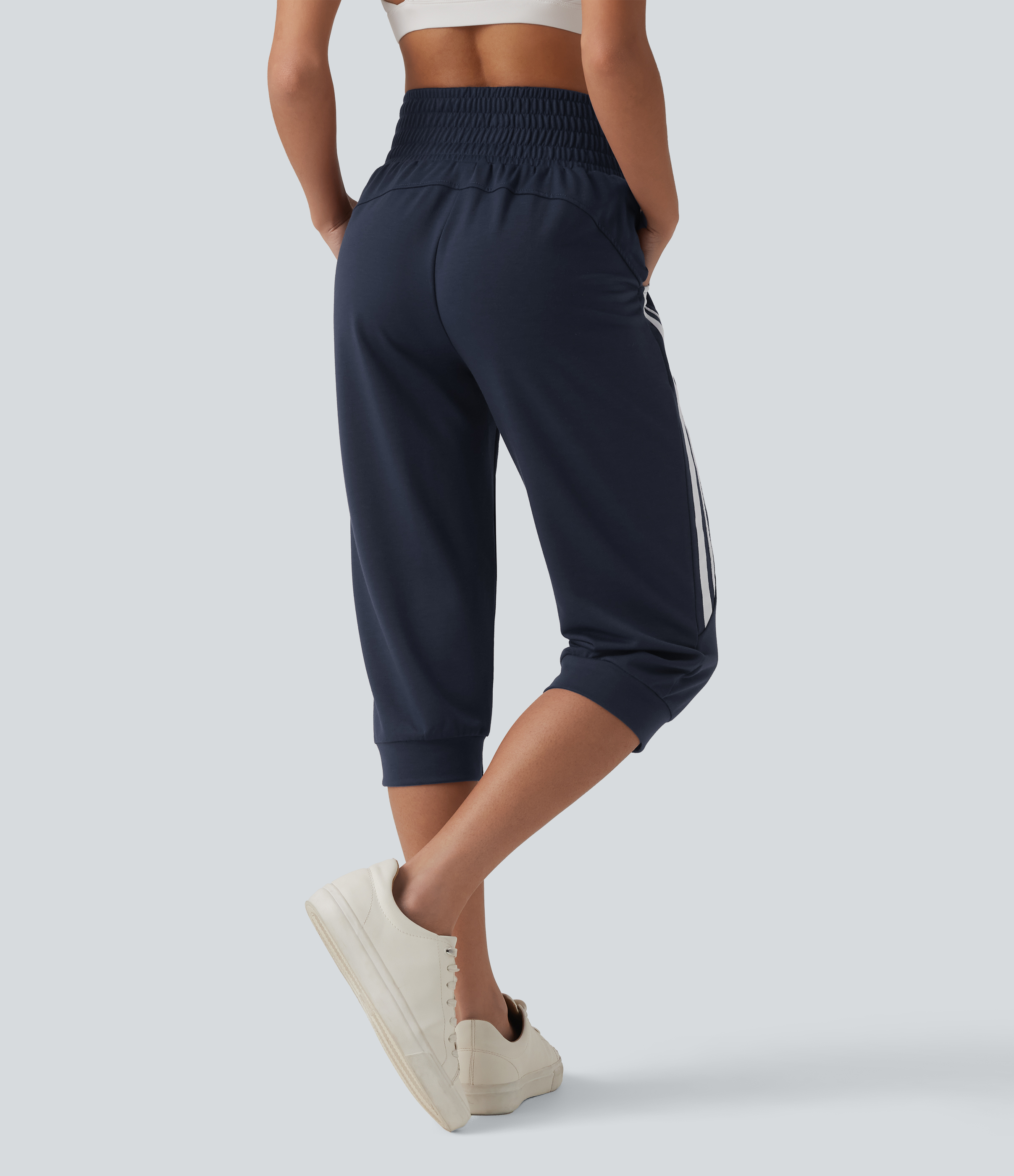 Black Iris Jogging casual capri à rayures taille haute avec cordon de serrage et poches / 2