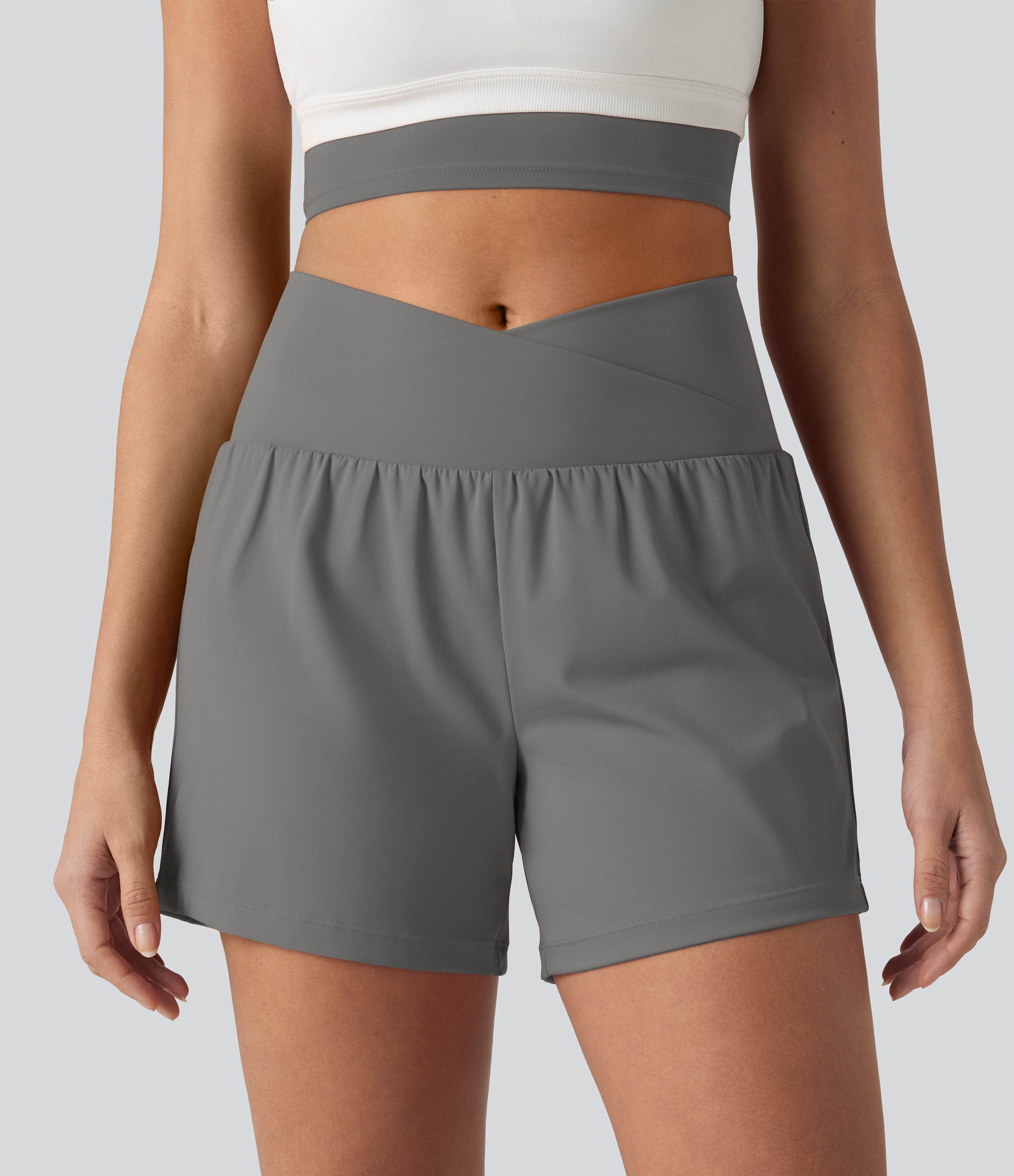 SoftlyZero™ Airy Crossover High Waisted 2-in-1 Cool Touch Yoga Shorts 5'' with Pockets