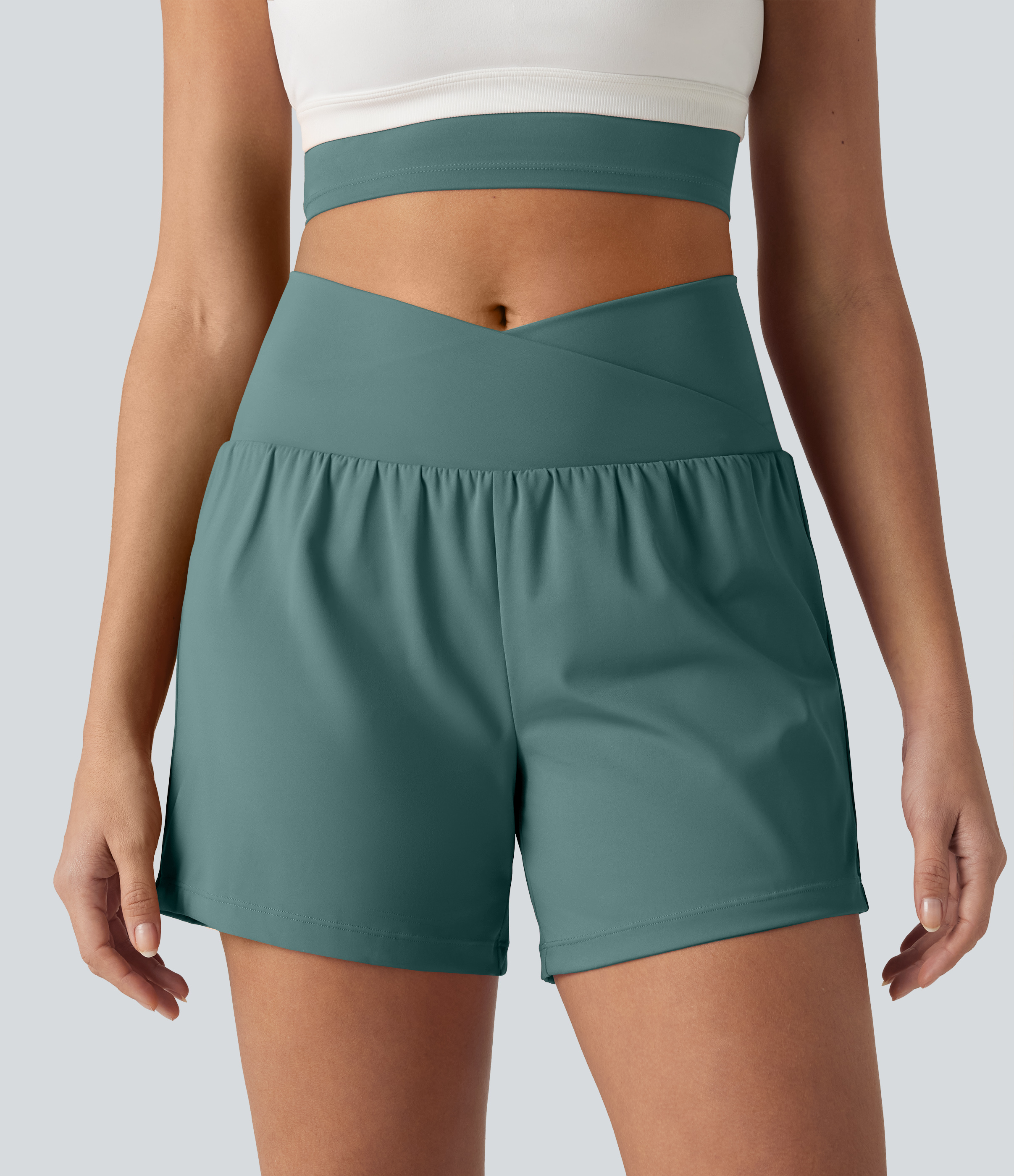 SoftlyZero™ Airy Crossover High Waisted 2-in-1 Cool Touch Yoga Shorts 5'' with Pockets