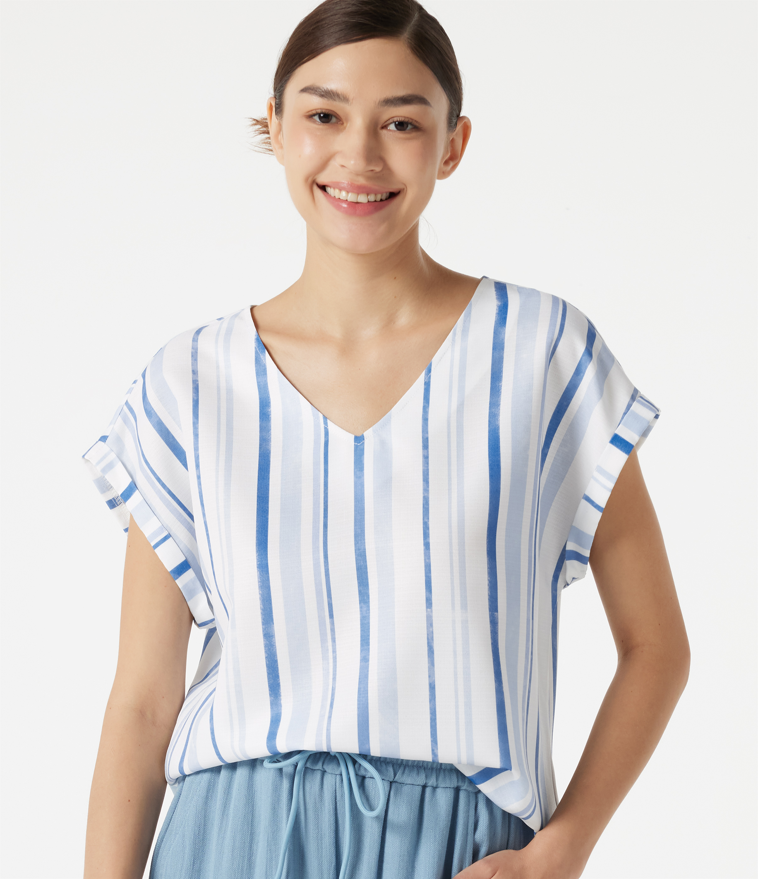 V Neck Cap Sleeve Striped Casual T-Shirt