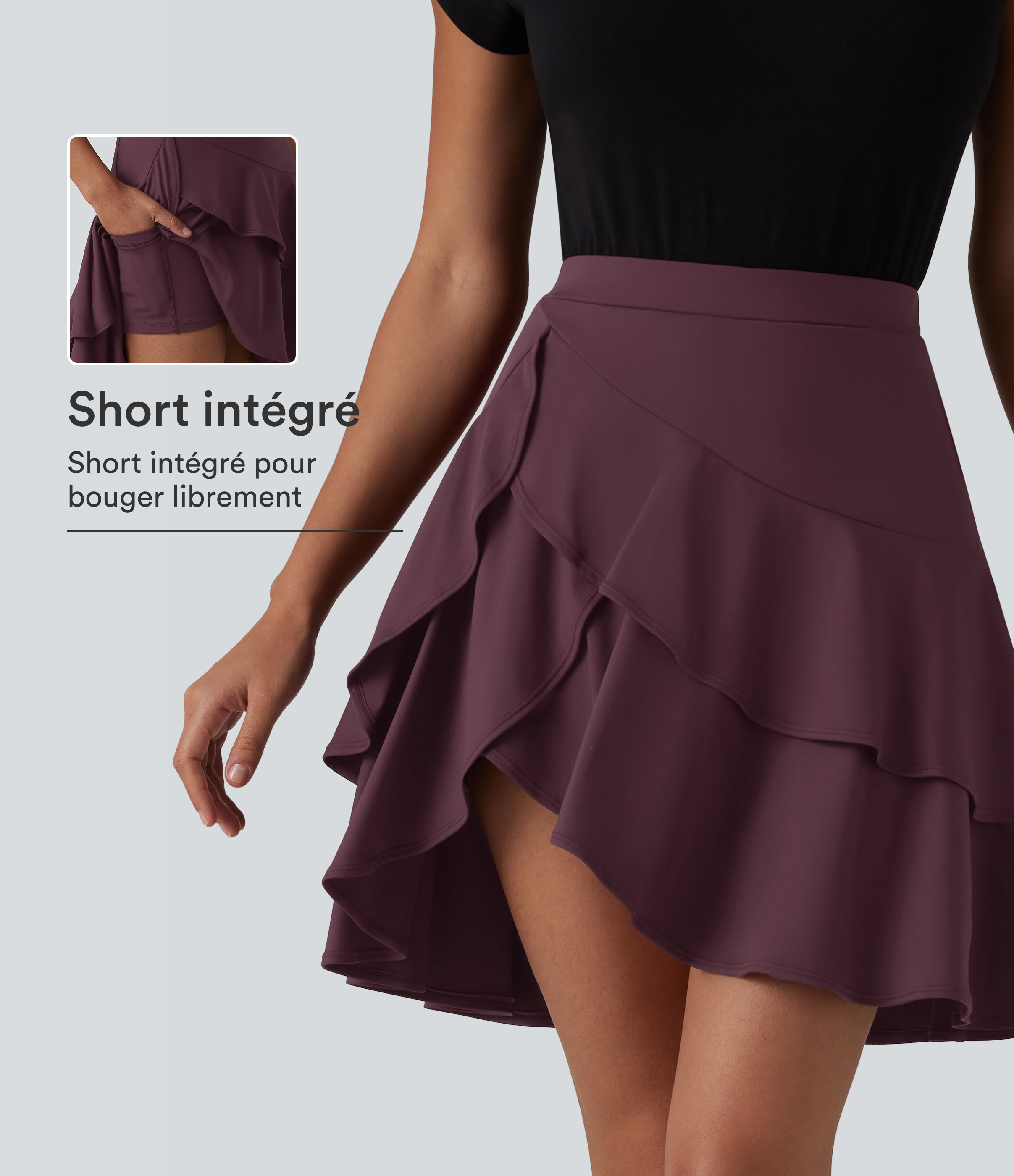 Jupe mini casual 2-en-1 SoftlyZero™ Airy toucher frais taille haute à volants superposés avec poche