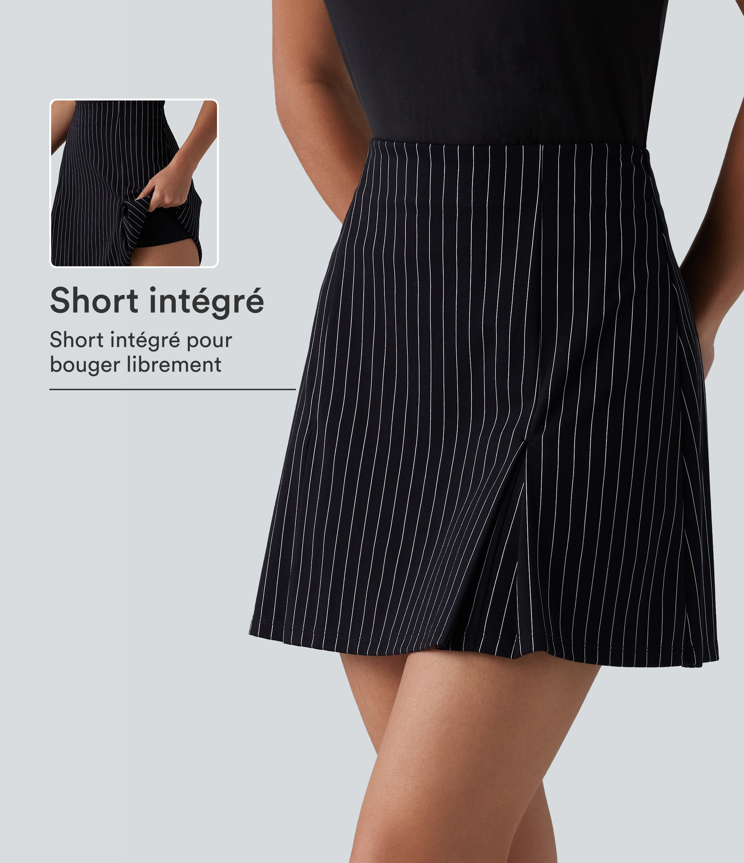 Jupe mini allongée trapèze taille haute 2-en-1 toucher frais à rayures pour le travail