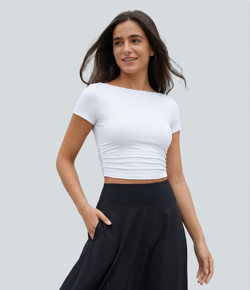 White Slash Neck Short Sleeve Ruched Cropped Casual Baby Tee / 1