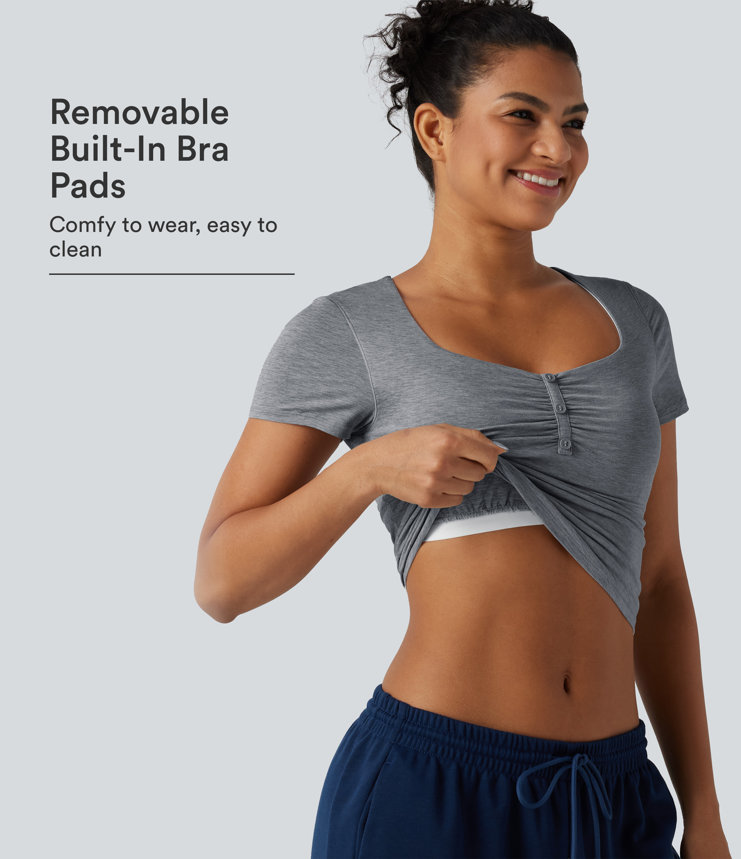 Diamond Collar Built-in Bra Short Sleeve Ruched Curved Hem Yoga Sports Top
