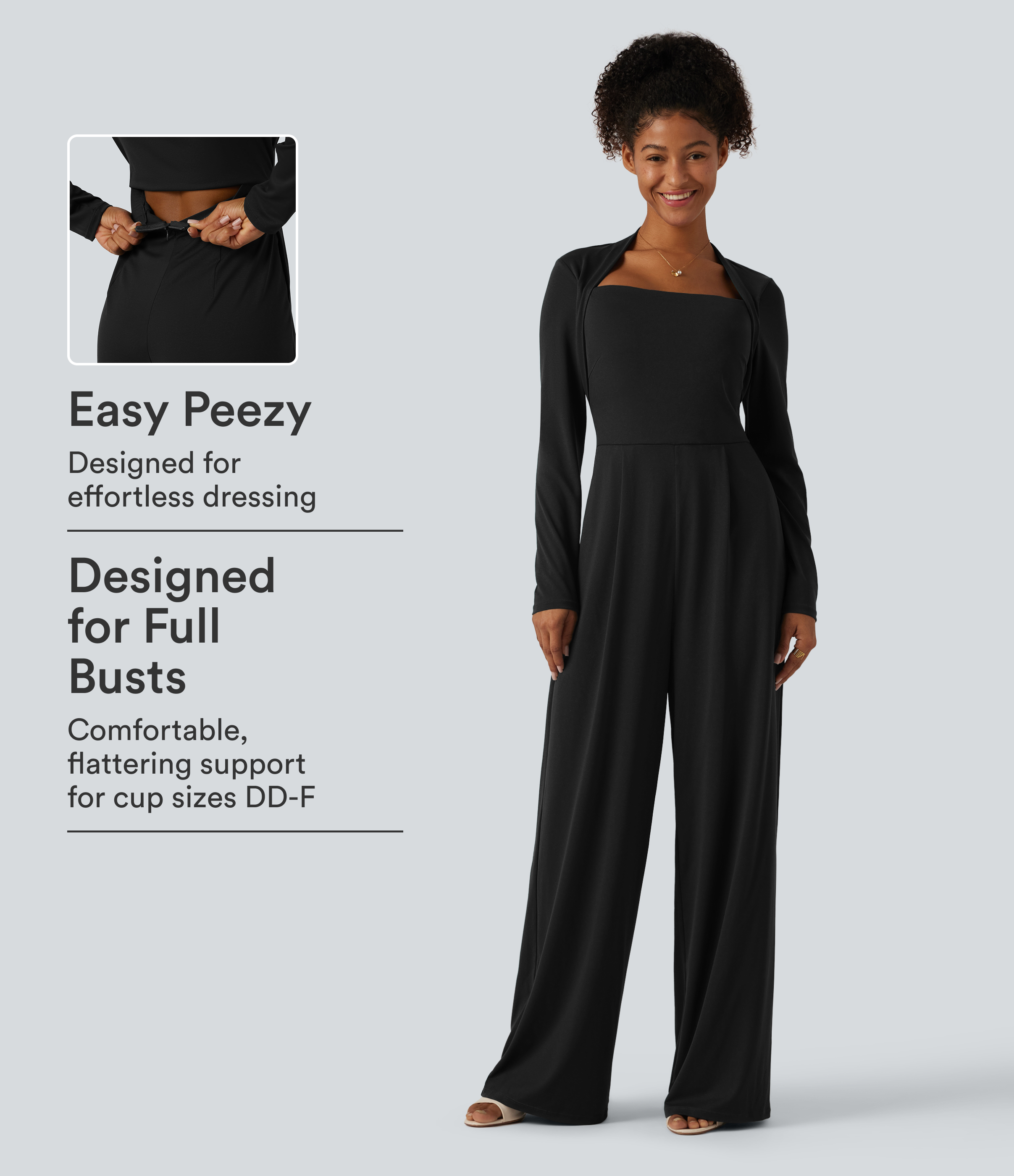 Long Sleeve Built-in Bra Wide Leg Jumpsuit with Pockets-Easy Peezy Edition DD-F Cups