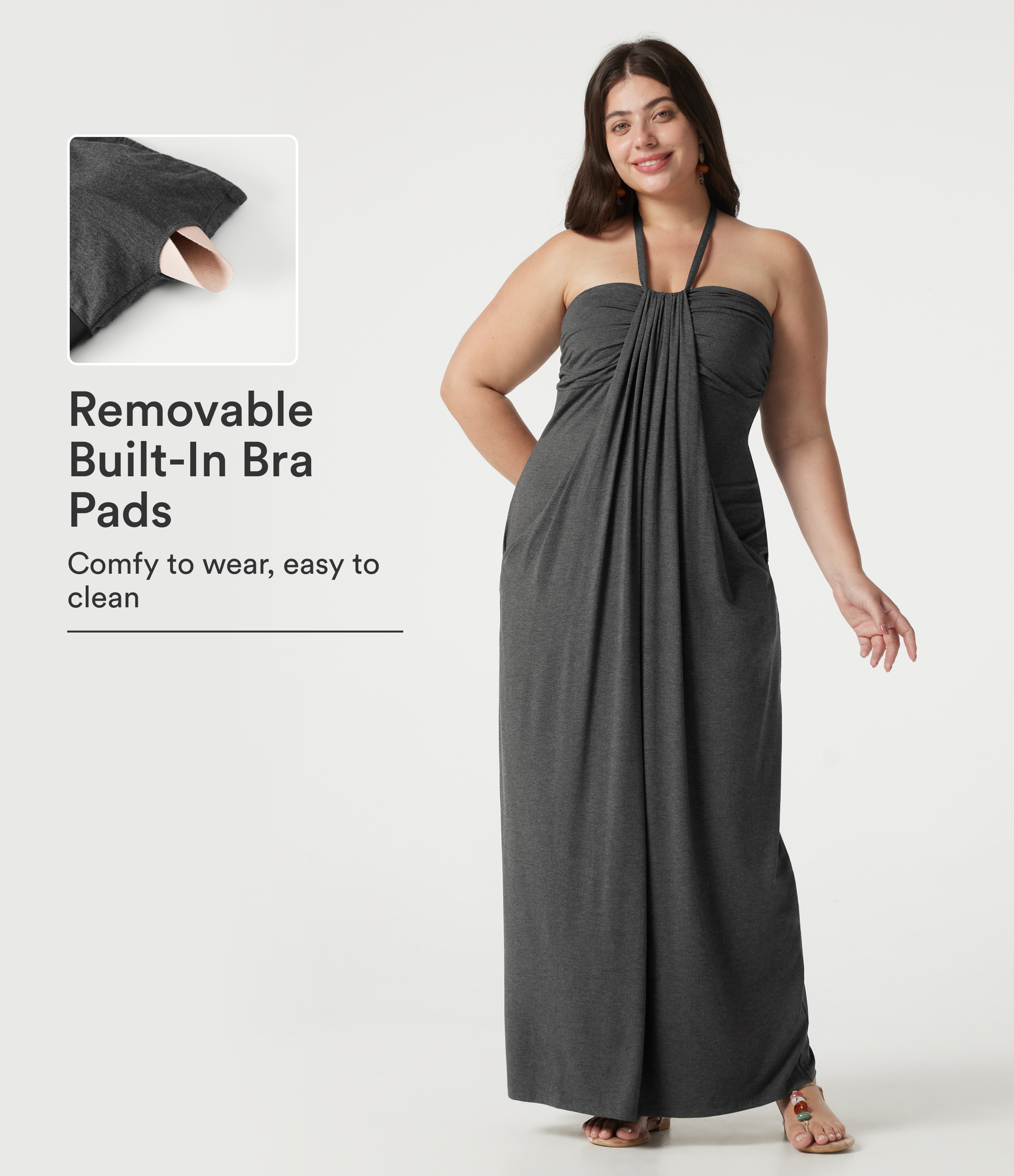 Plus Size Halter Tie Back Built-in Bra Maxi Dress with Pockets