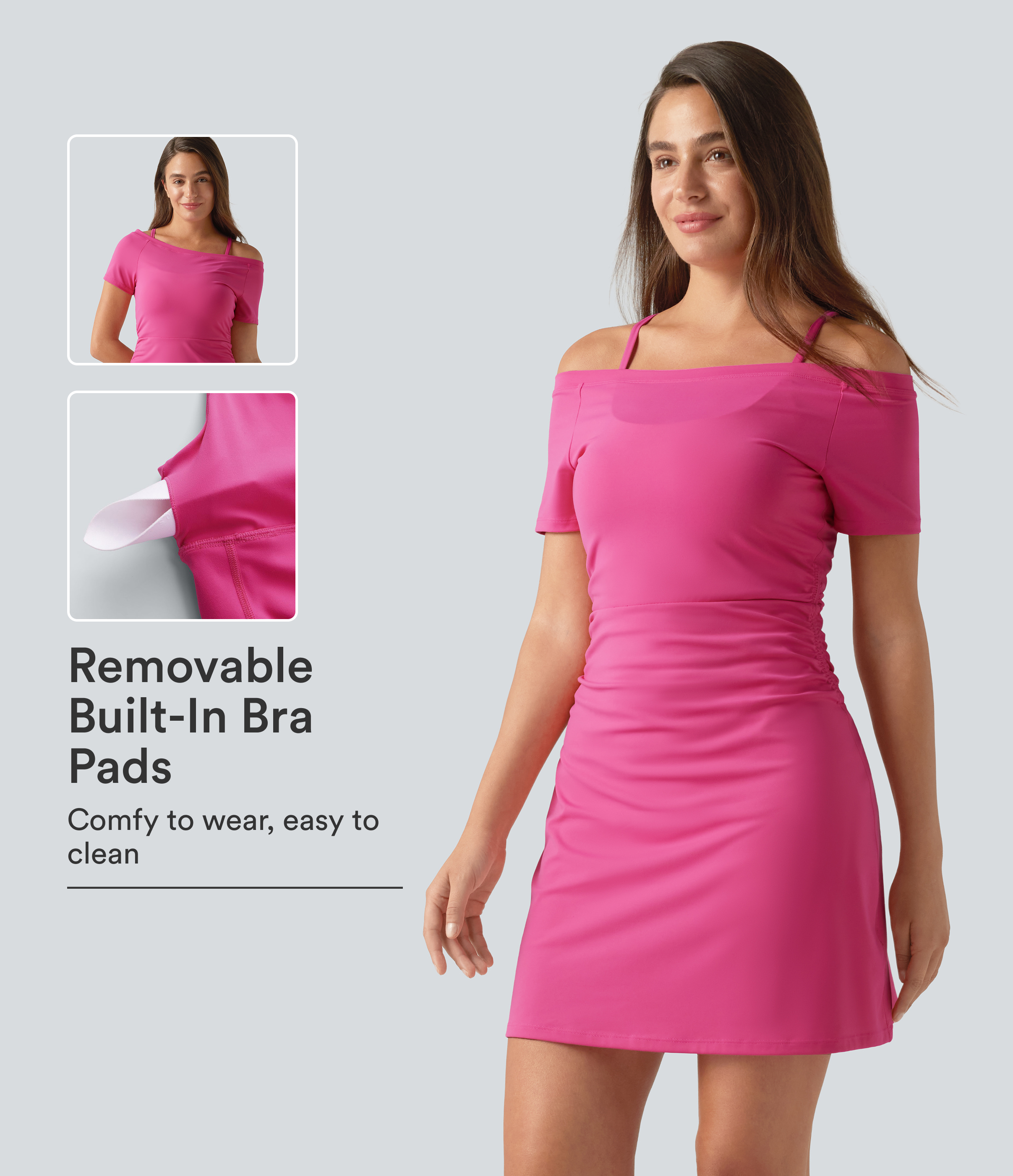 SoftlyZero™ Plush Off-shoulder Ruched 2-in-1 Built-in Bra Mini Yoga Active Dress with Pockets-Easy Peezy A-D Cups