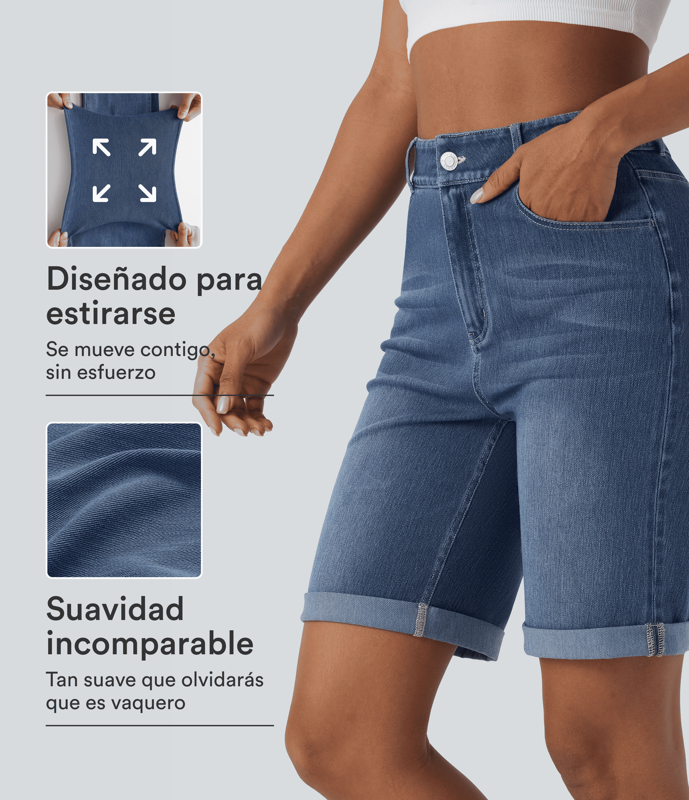 Halara Flex™ High Waisted Pockets Rolled Hem Washed Denim Casual Bermuda Shorts