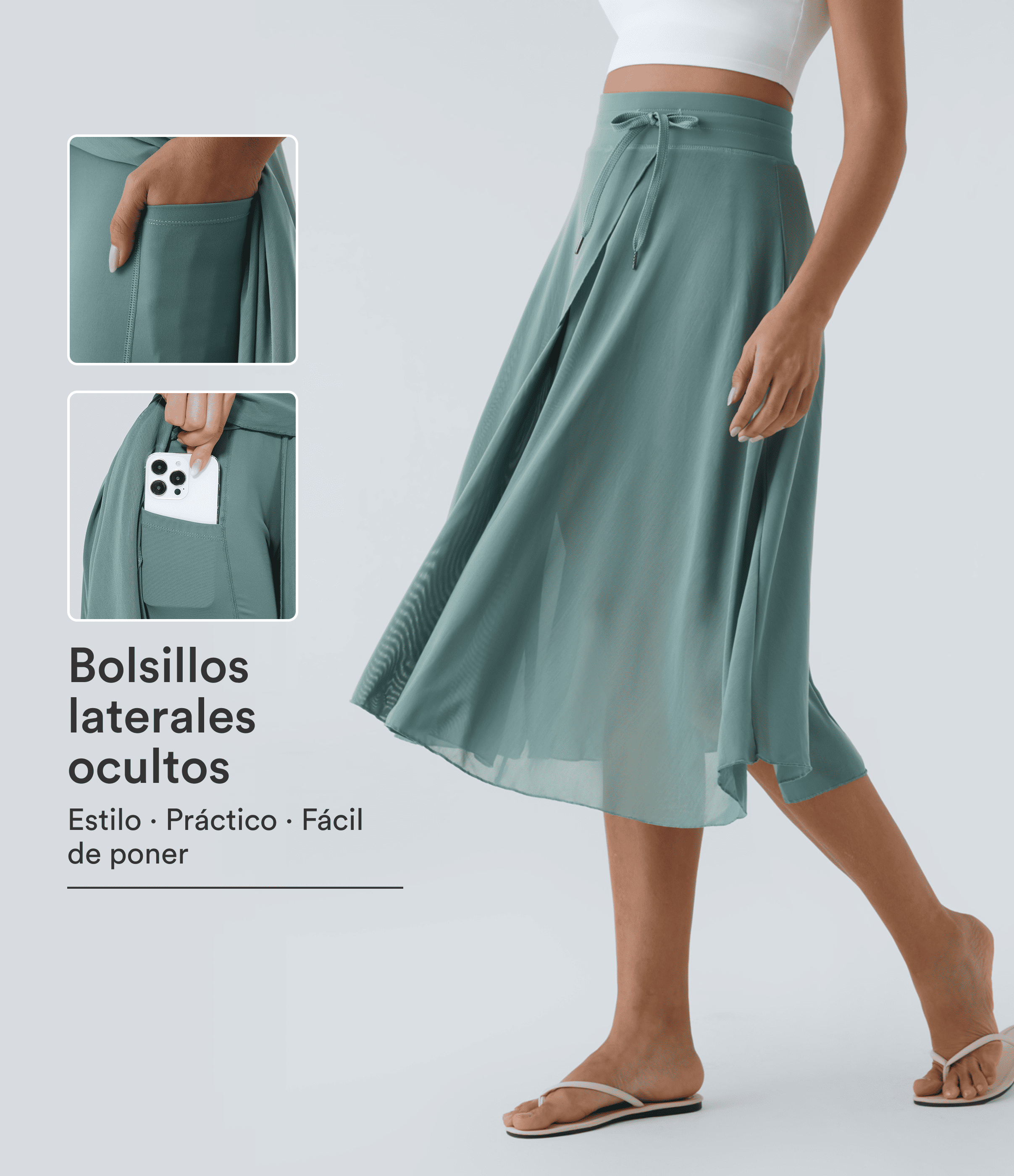 High Waisted Drawstring Contrast Mesh 2-in-1 Side Pocket Flowy Midi Flare Casual Skirt