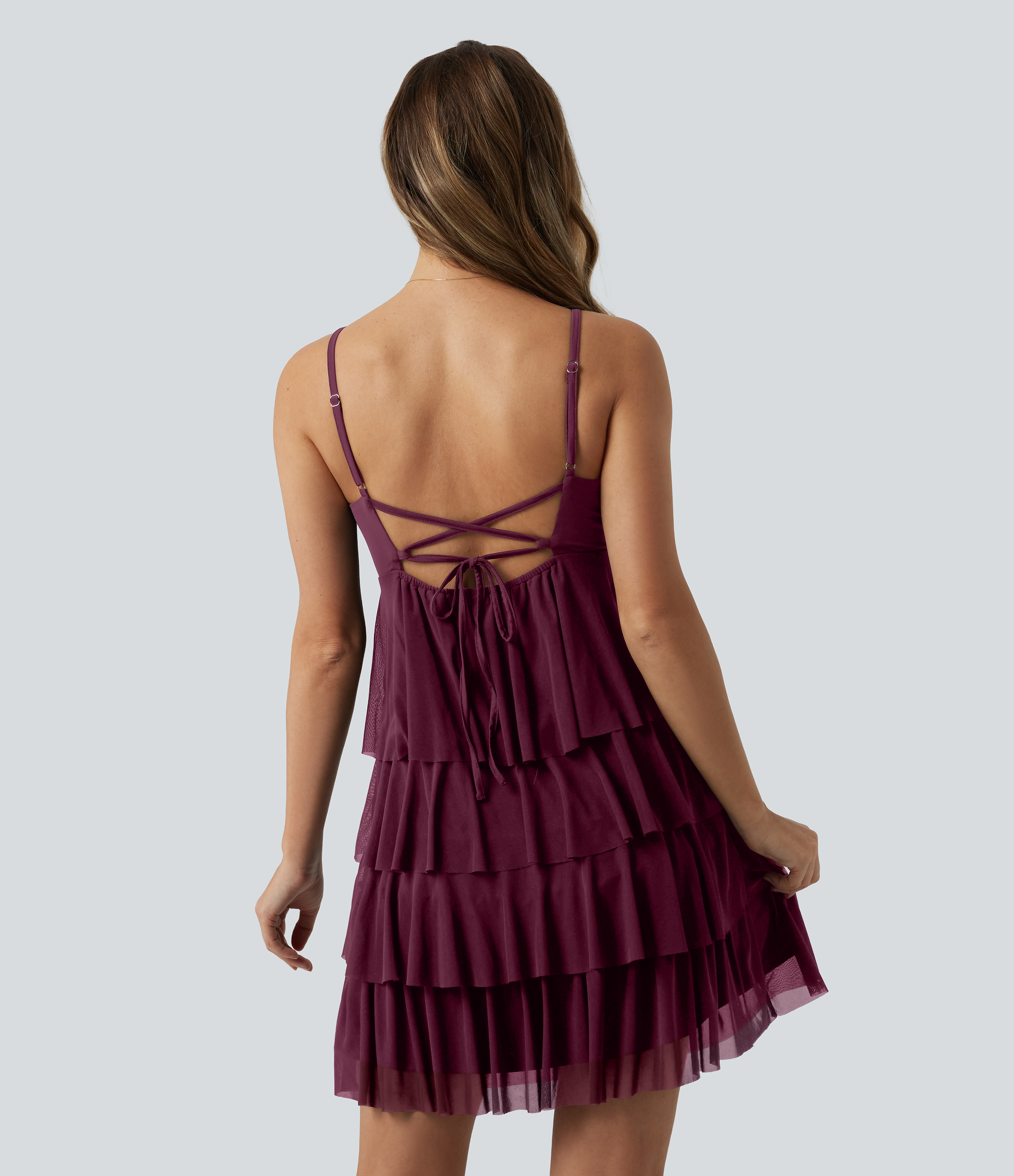 Maroon Banner Crisscross Backless Mesh Overlay Built-in Bra Mini Casual Tiered Slip Dress with Pockets / 2