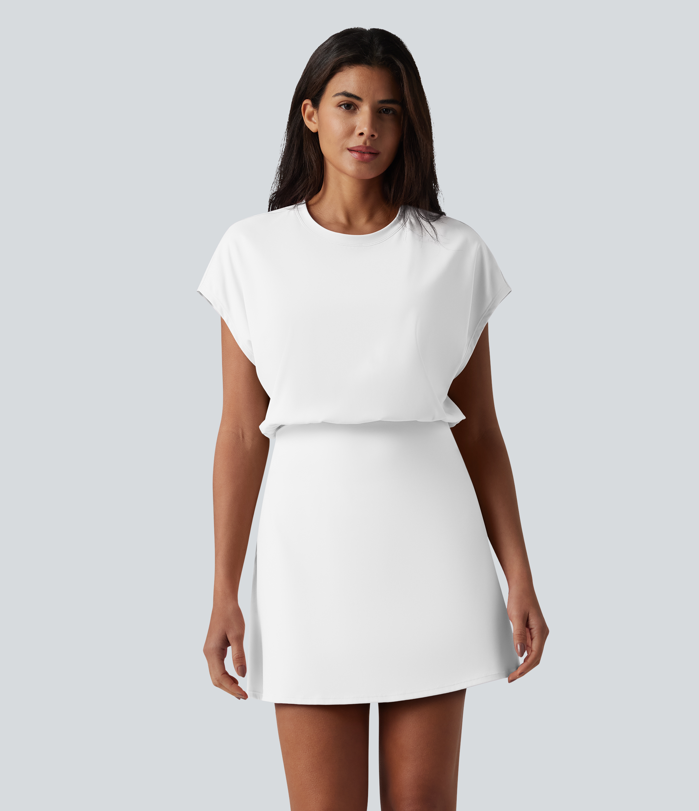 SoftlyZero™ Airy Round Neck Short Sleeve 2-in-1 Cool Touch Mini Yoga Active Dress with Pockets-Easy Peezy Edition