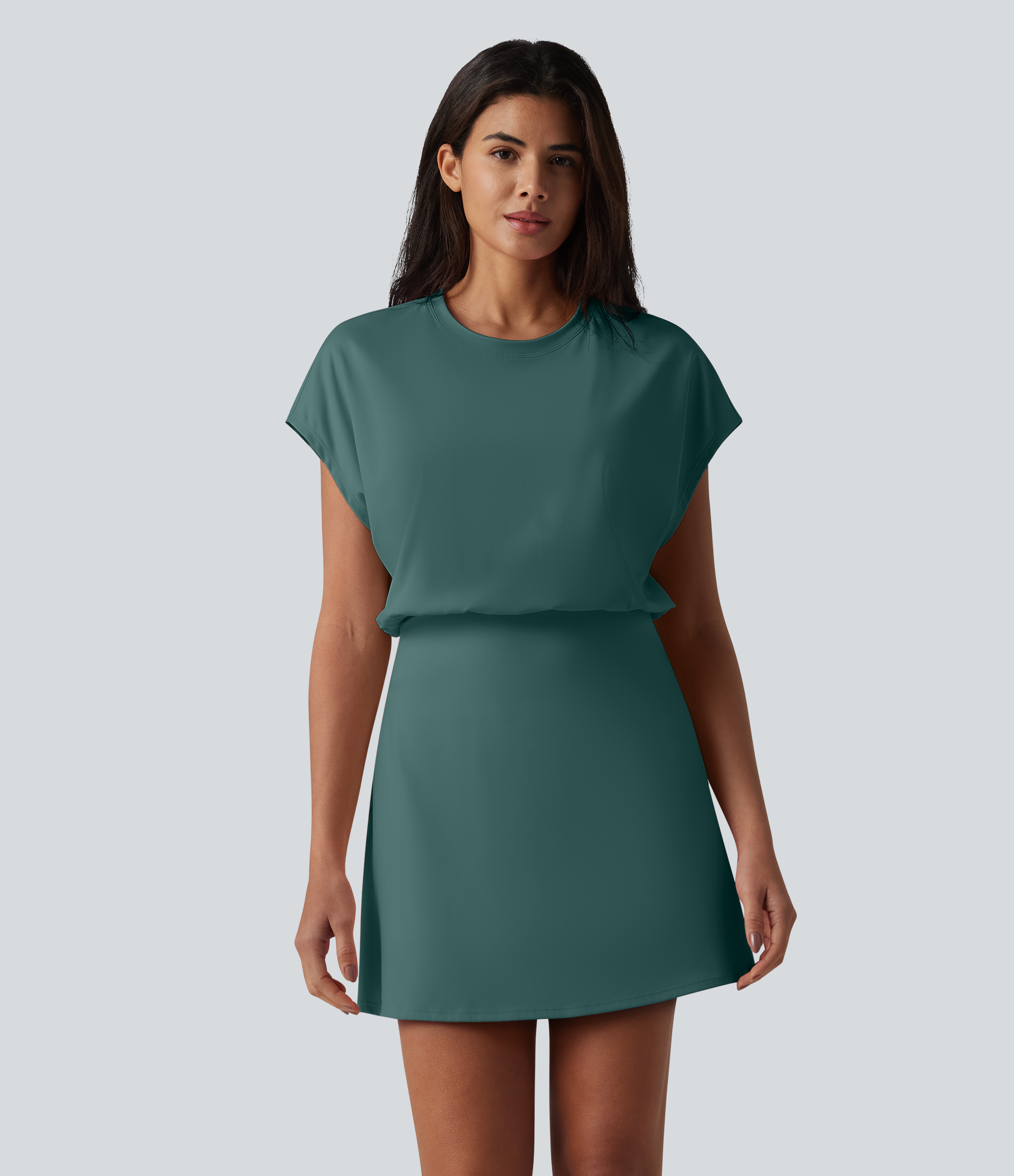 SoftlyZero™ Airy Round Neck Short Sleeve 2-in-1 InstantCool Mini Yoga Active Dress with Pockets-Easy Peezy Edition