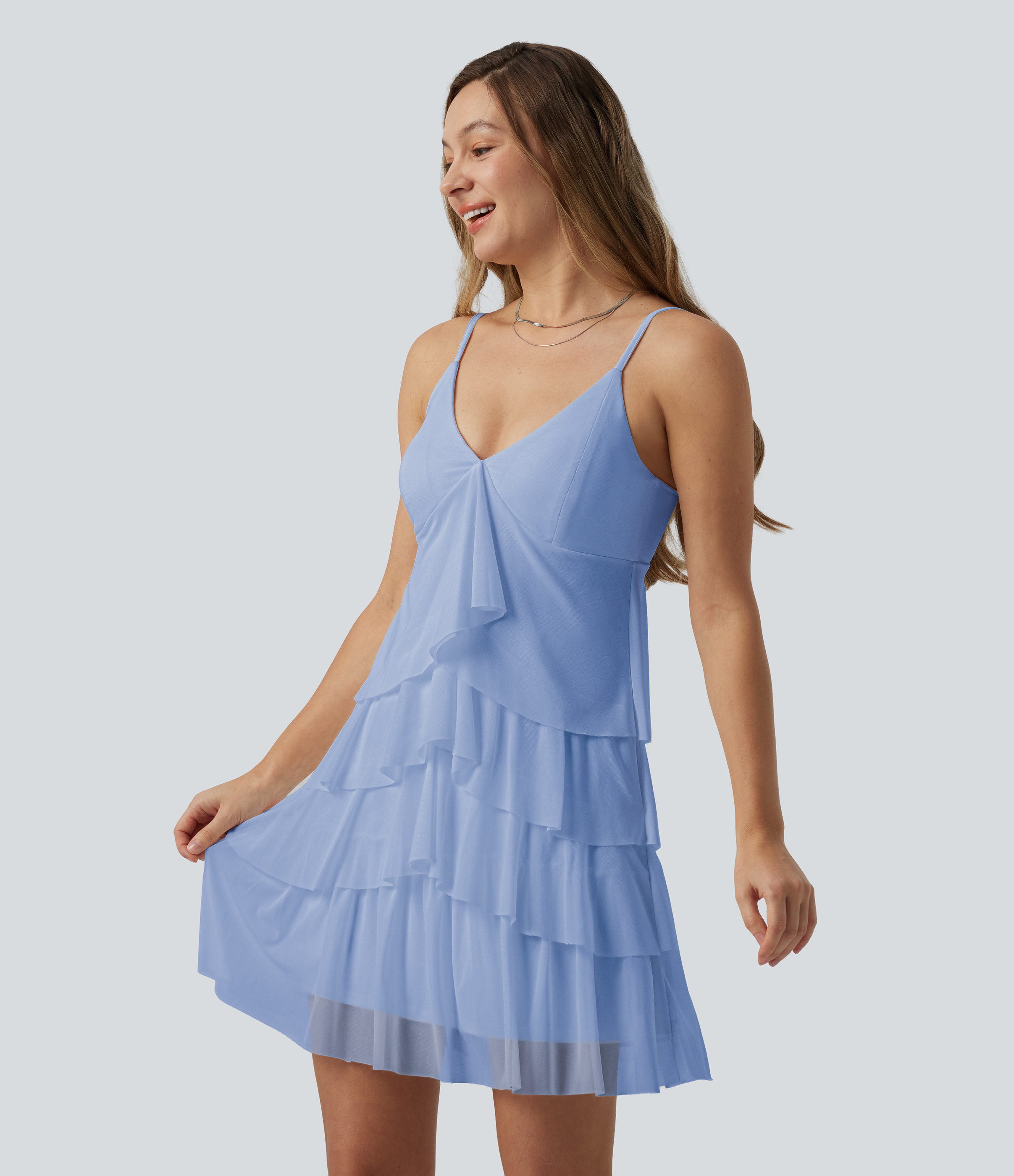Crisscross Backless Mesh Overlay Built-in Bra Mini Casual Tiered Slip Dress with Pockets