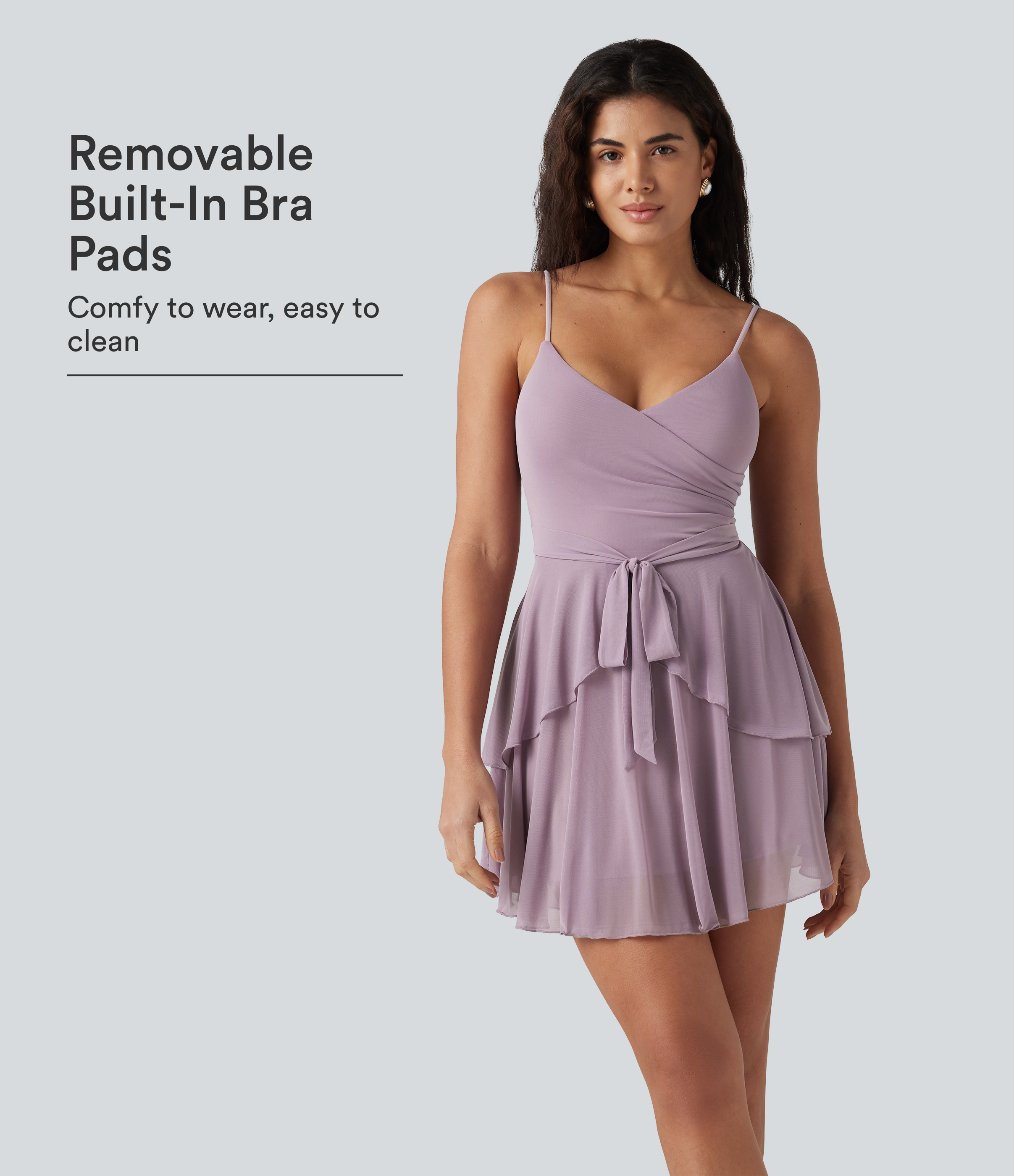 V-neck Tie Mesh Tiered Hem Built-in Bra Mini Bridesmaid And Wedding Guest Slip Dress