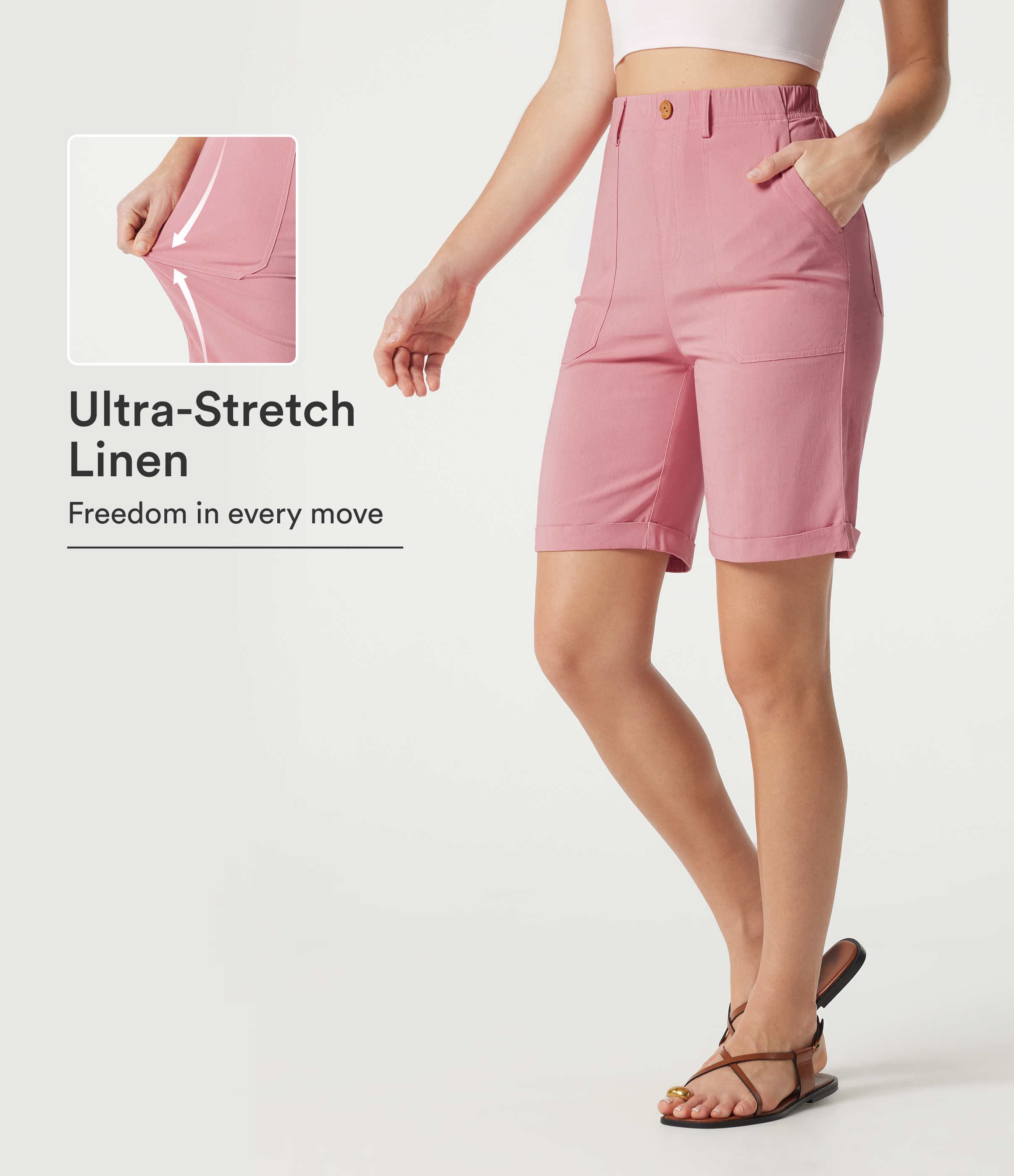 High-waisted Rolled Hem Casual Stretch Linen Bermuda Shorts with Pockets