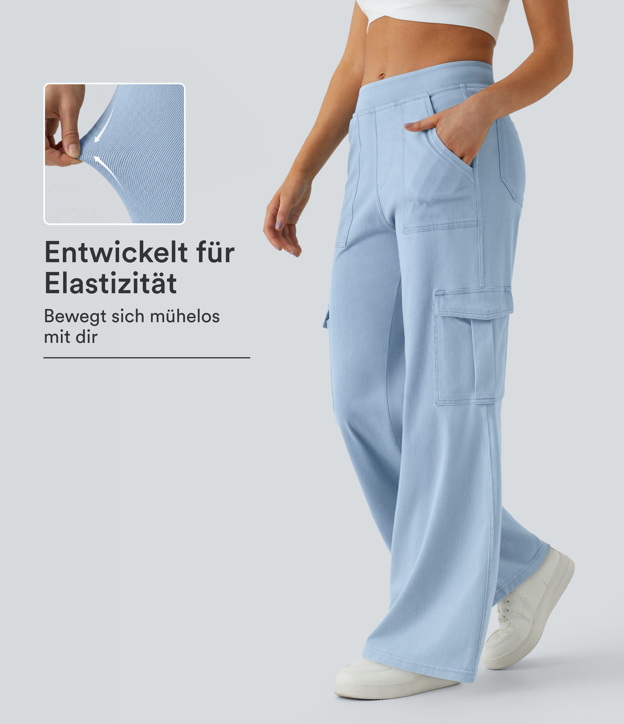 Halara Flex™ lässige Baggy-Hose aus elastischem Strickdenim mit mittelhohem Bund, Cargo-Seitentaschen und geradem Bein