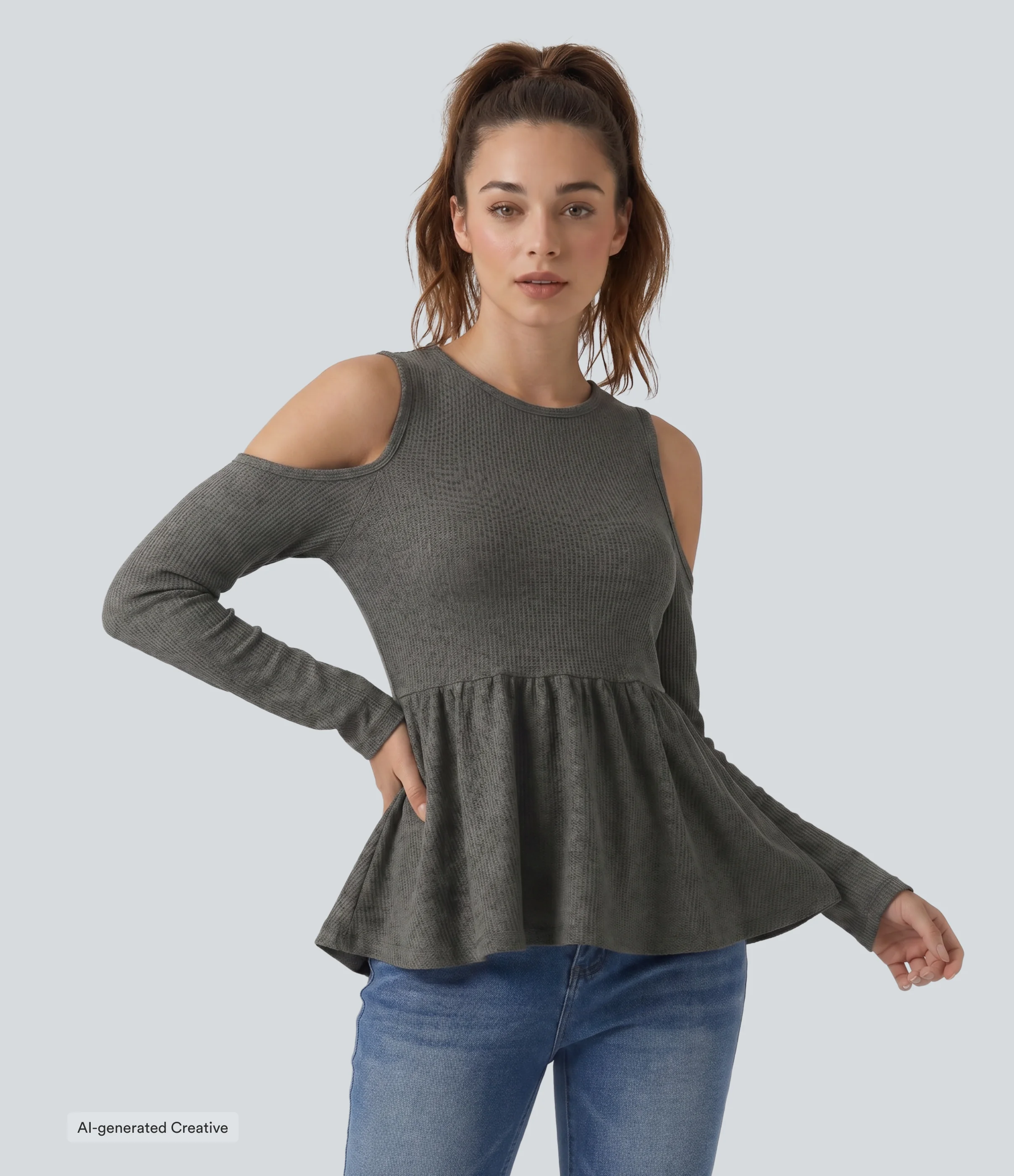 Round Neck Cut Out Long Sleeve Ruffle Hem Waffle Casual T-Shirt
