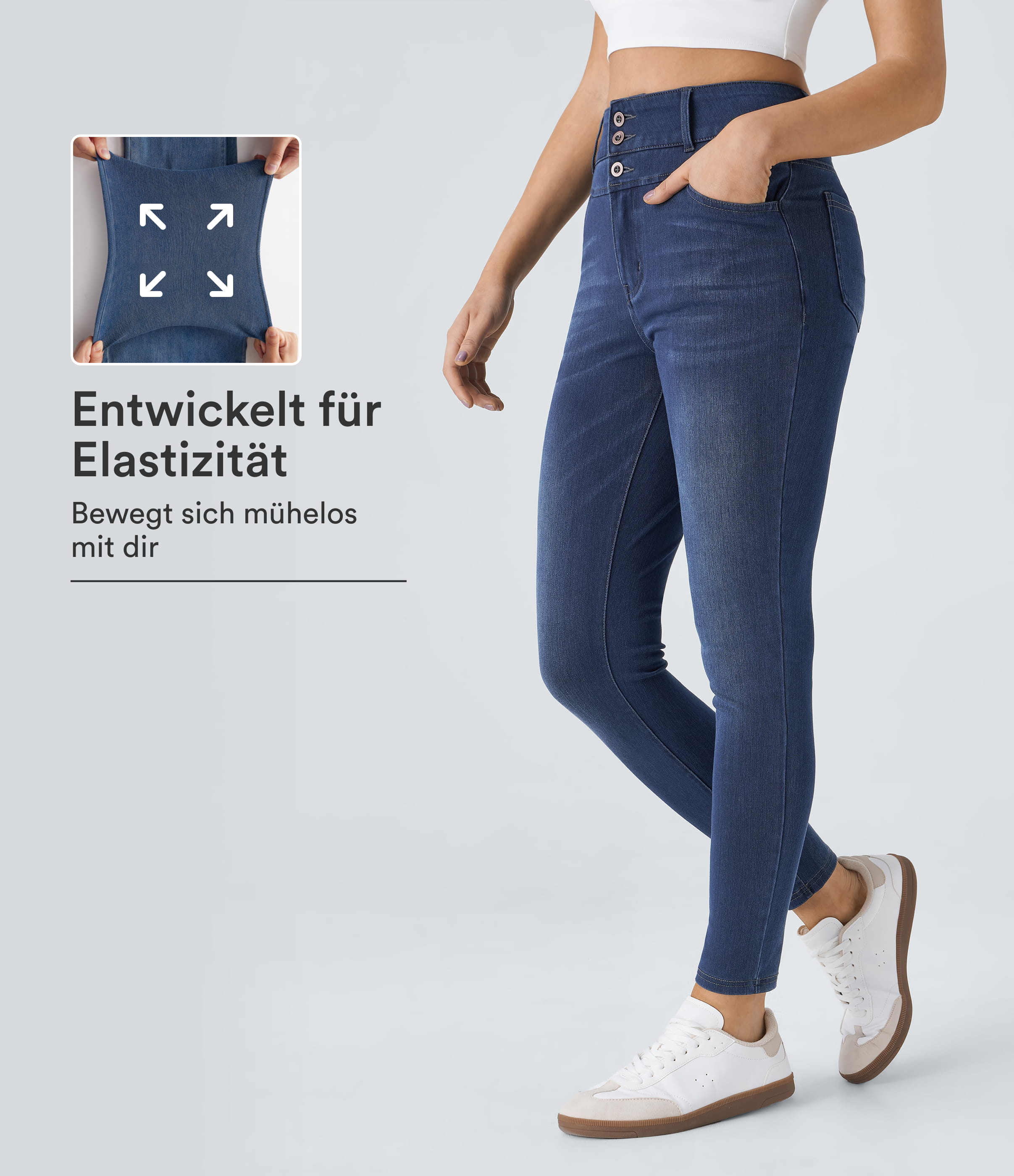 Halara Flex™ Lässige Skinny-Jeans aus elastischem Strick-Denim mit hohem Bund, Knopfreißverschluss und mehreren Taschen