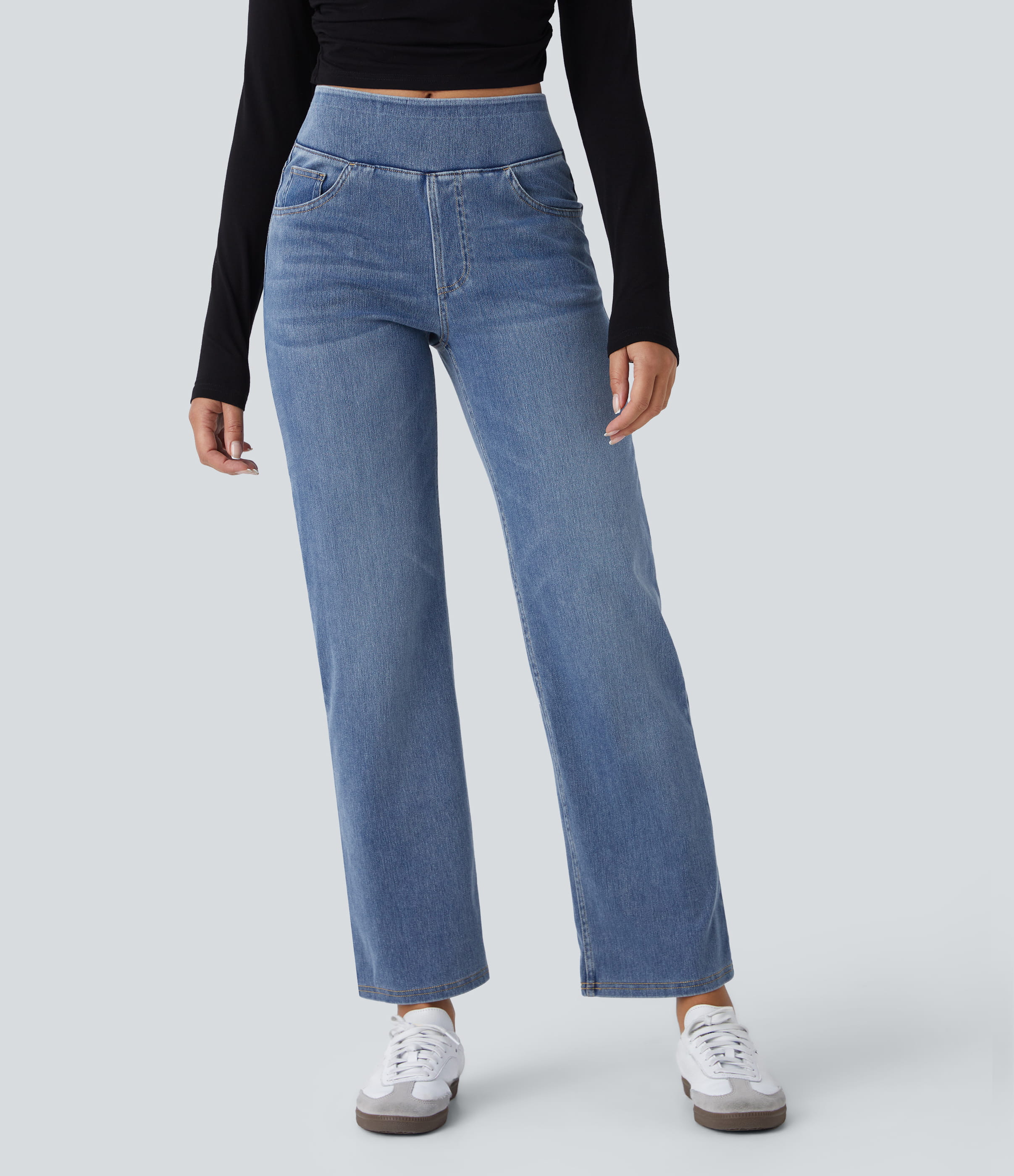 Jean décontracté Halara Flex™ taille haute, extensible, délavé, jambes droites avec poches multiples