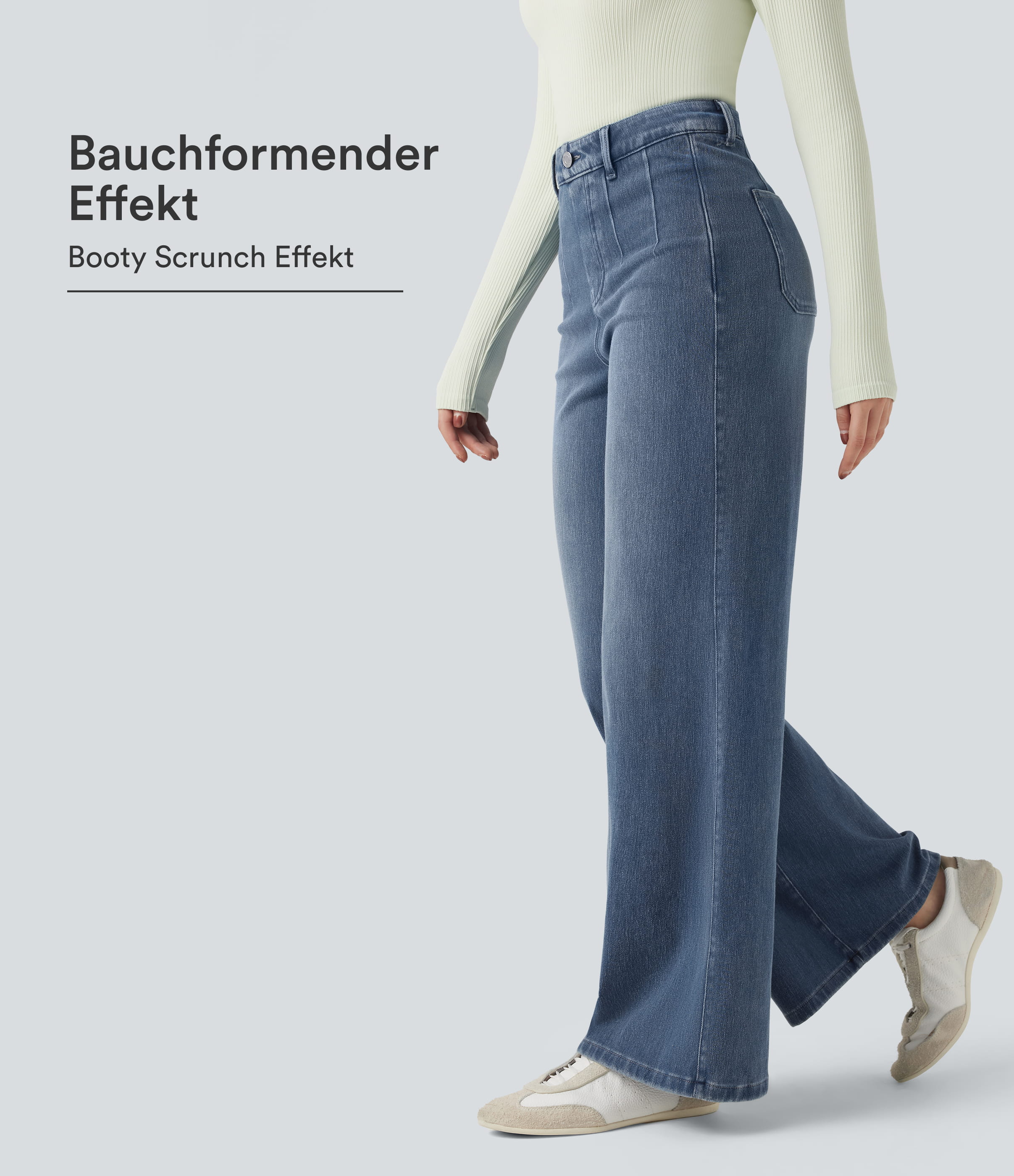 Halara Flex™ - Lässige Jeans mit mittelhohem Bund, Gesäßtaschen, Bauchkontrolle und weitem Bein