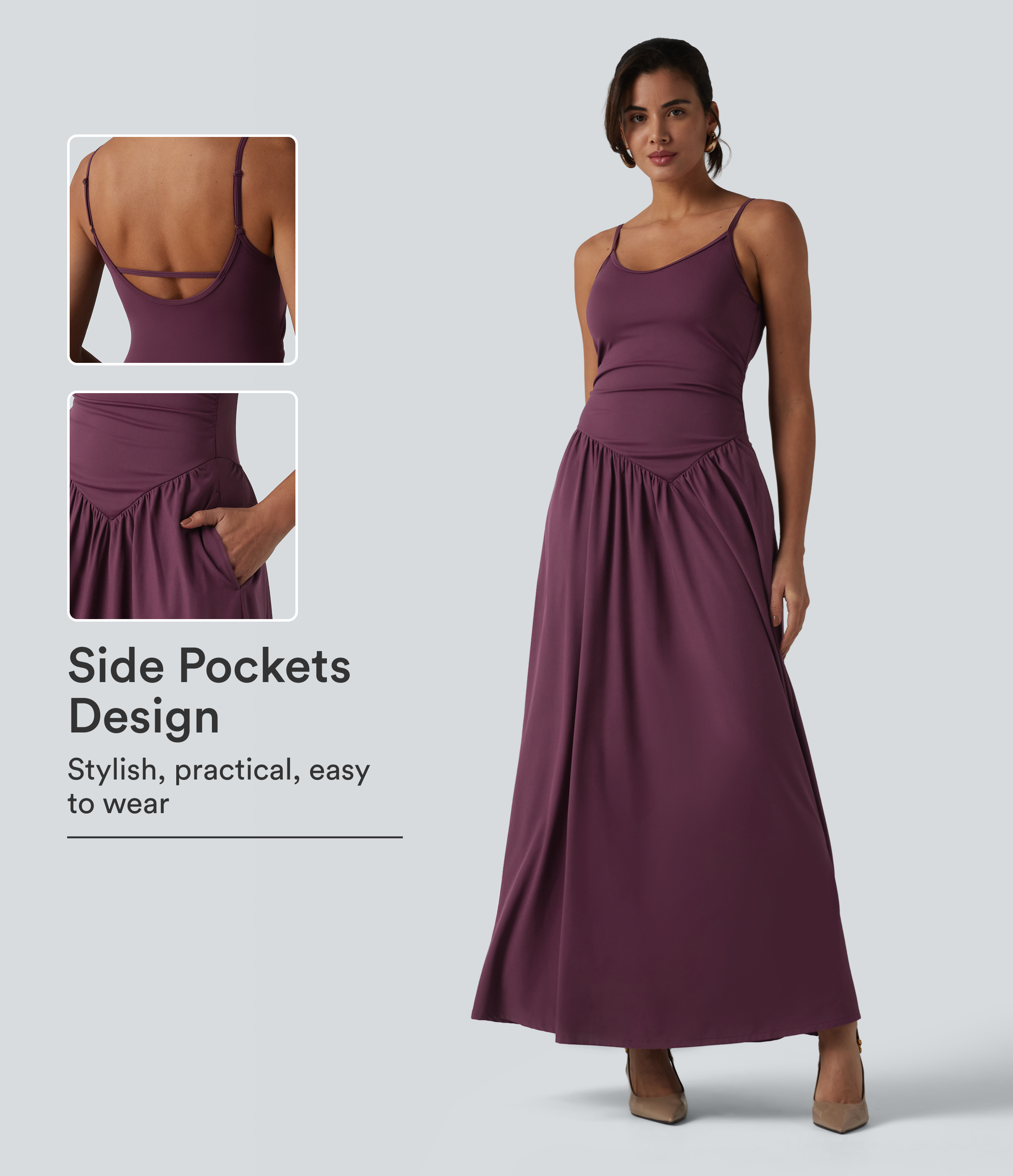 Breezeful™ Backless Adjustable Straps Ruched Built-in Bra Flowy Maxi Quick Dry Bridesmaid and Wedding Guest Slip Dress with Pockets