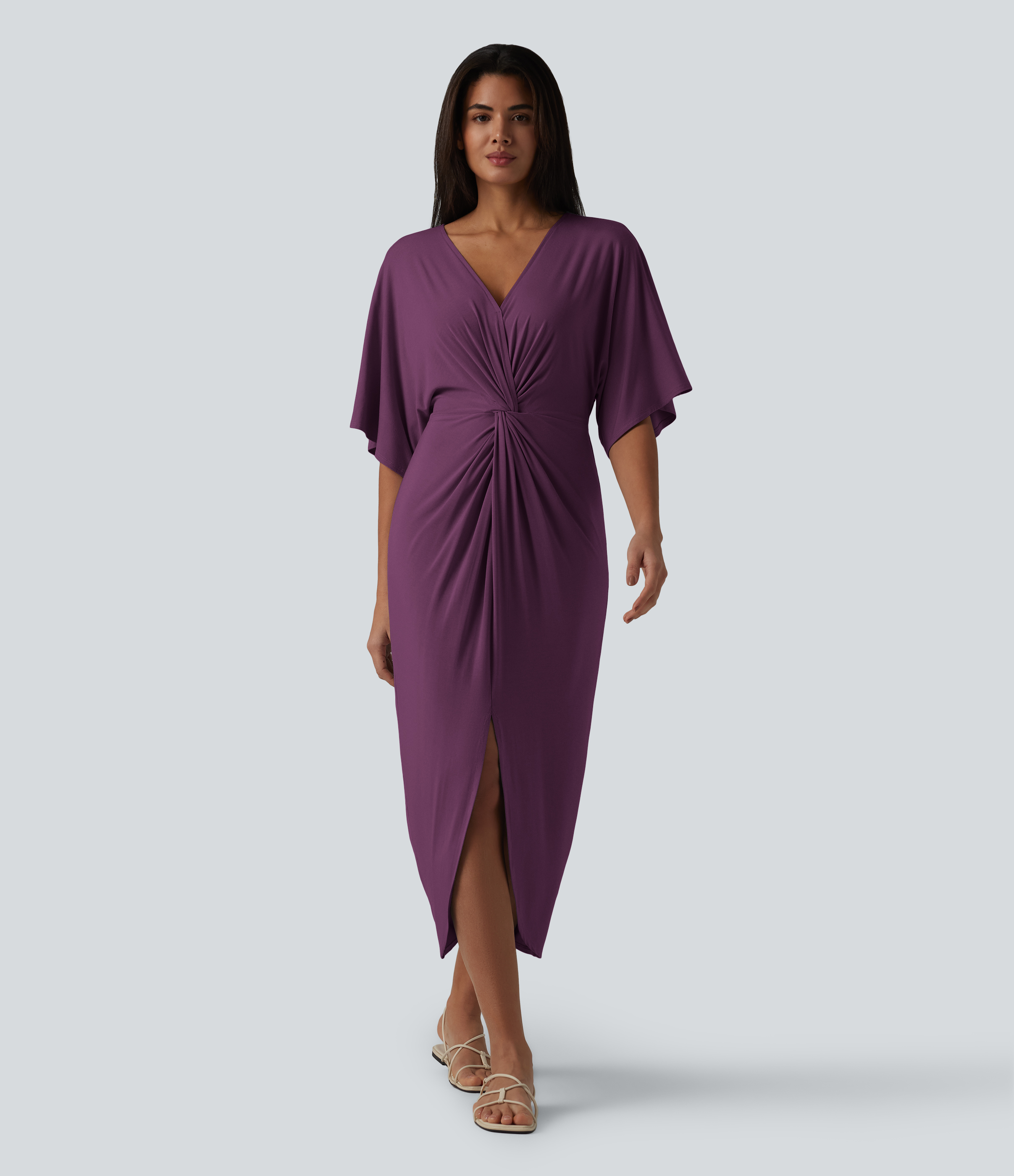 V-neck Batwing Sleeve Twisted Tulip Hem Midi Casual Dress