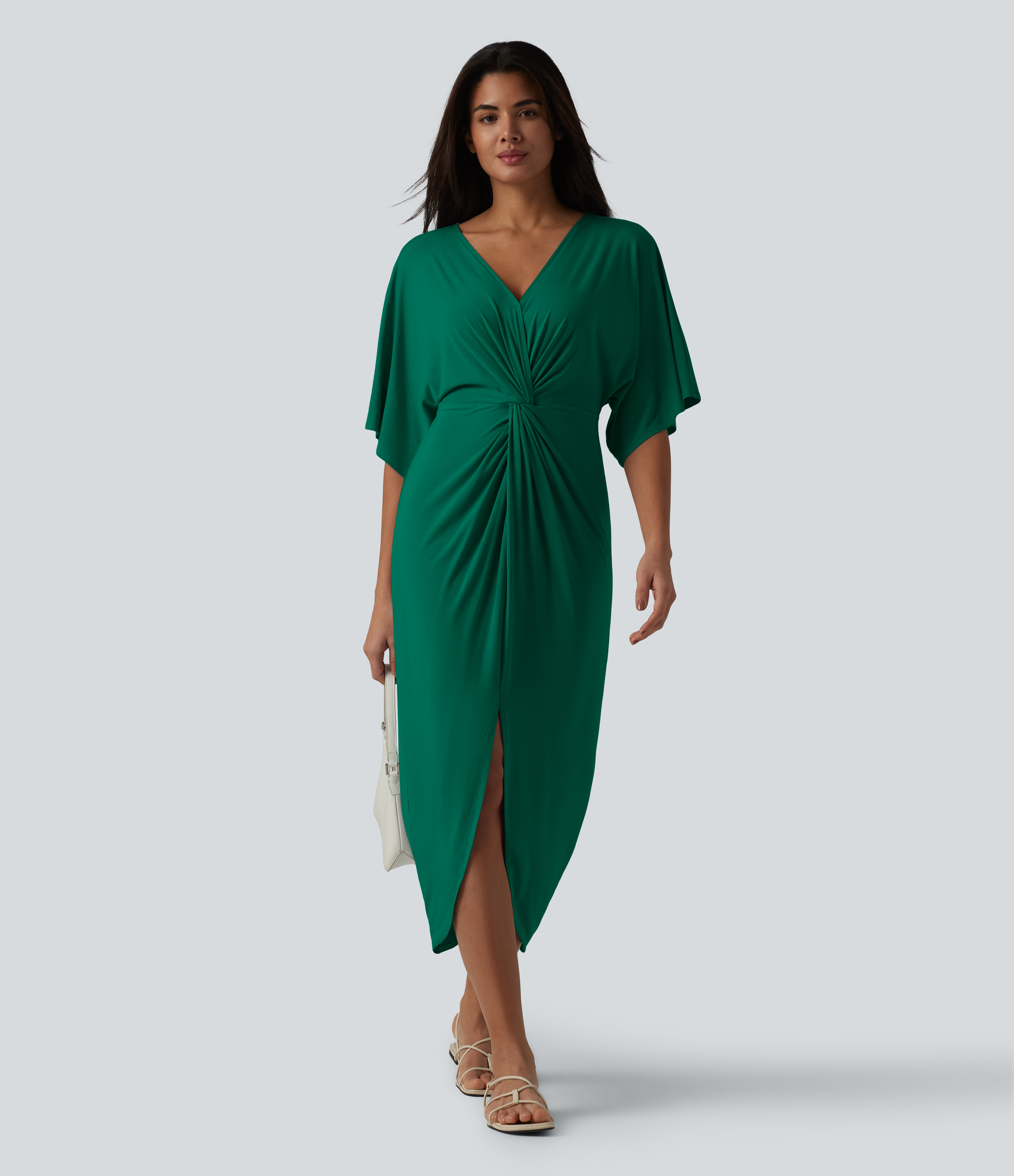 V-neck Batwing Sleeve Twisted Tulip Hem Midi Casual Dress