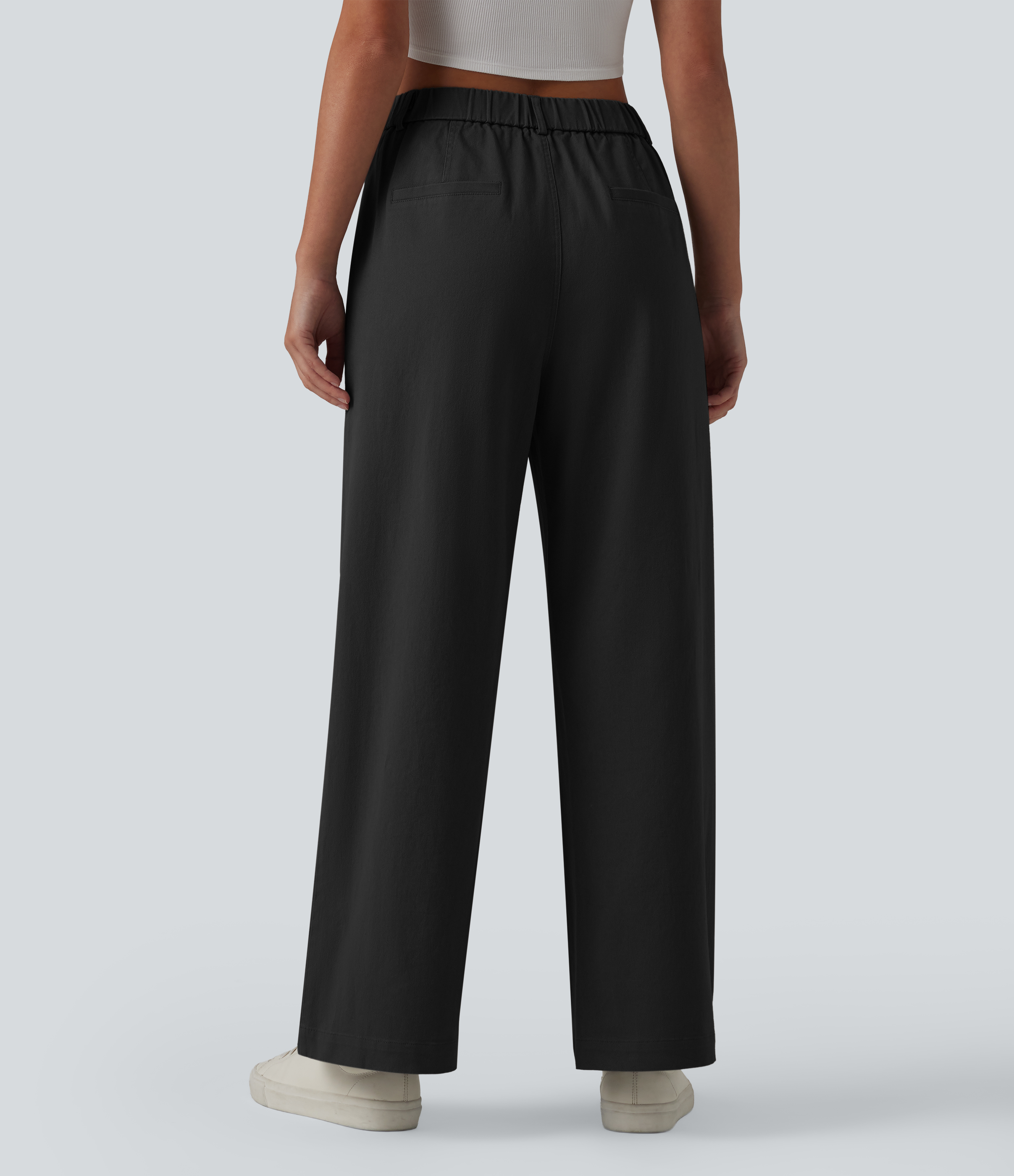 Black High Waisted Straight Leg Work Chino Cotton Trousers with Pockets / 2