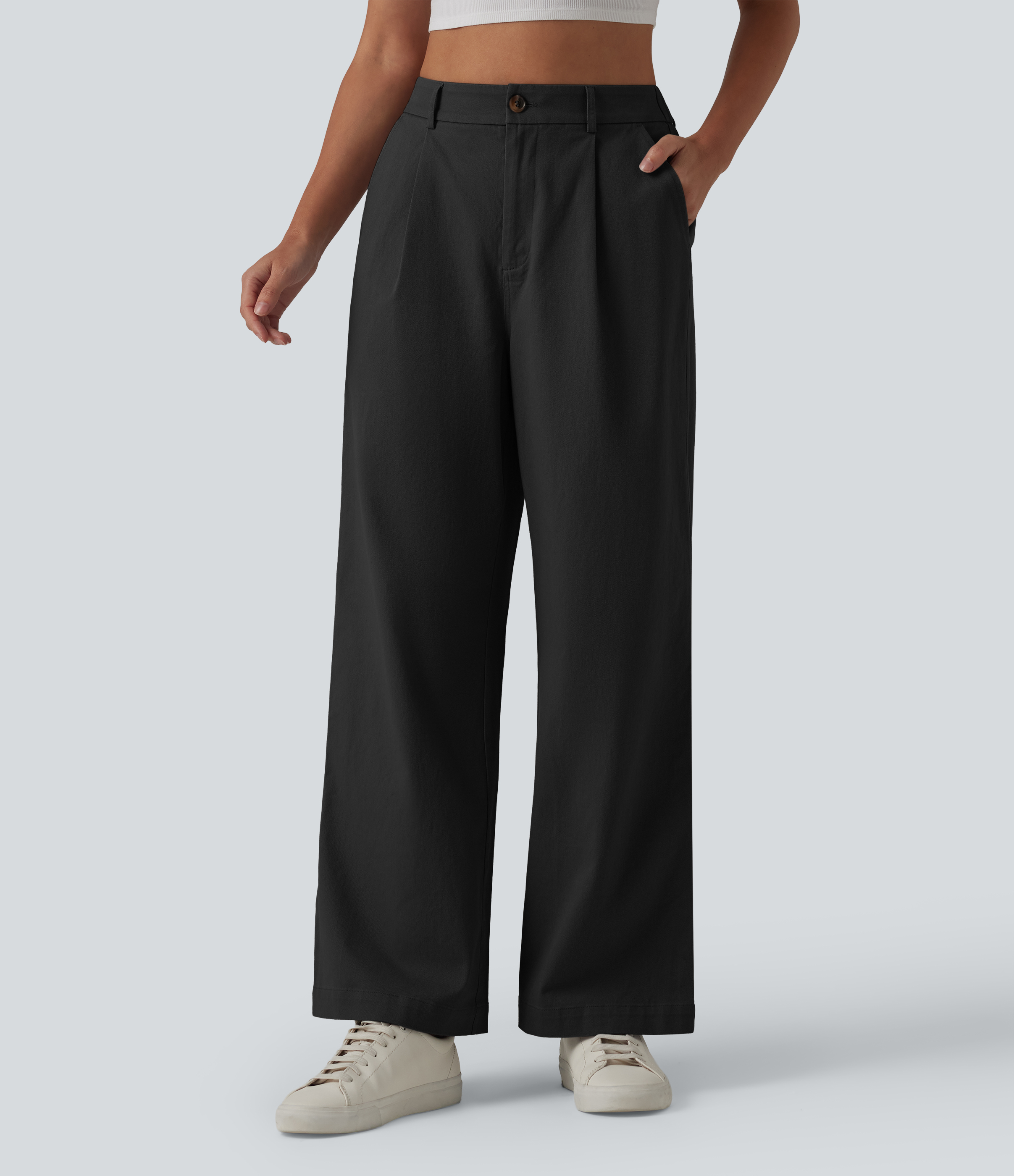 High Waisted Straight Leg Work Chino Cotton Pants with Pockets