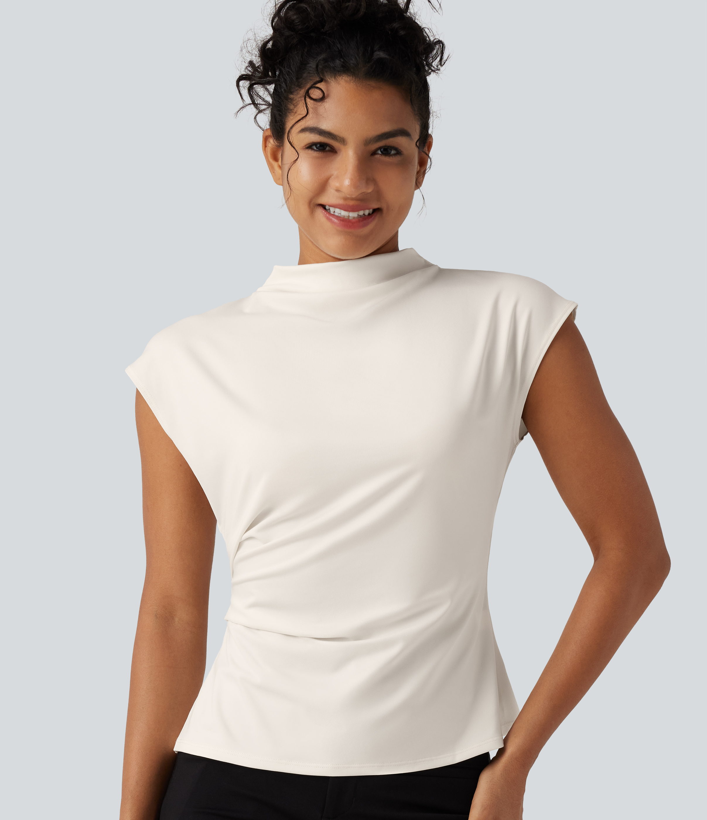 Mock Neck Cap Sleeve Tie Back Ruched Work Blouse