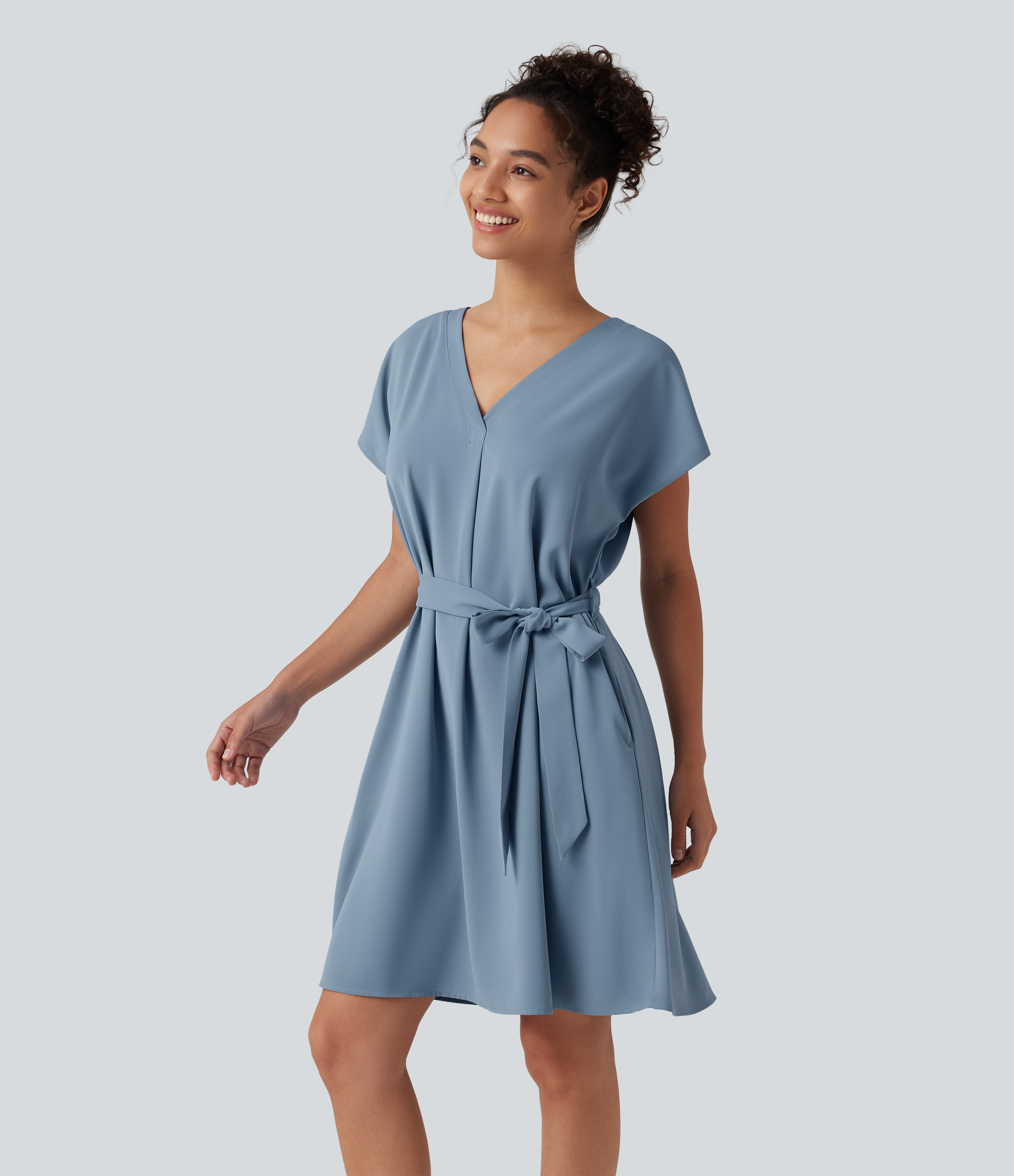 Wrinkle-Resistant V Neck Batwing Sleeve Belted Mini Work Dress with Pockets
