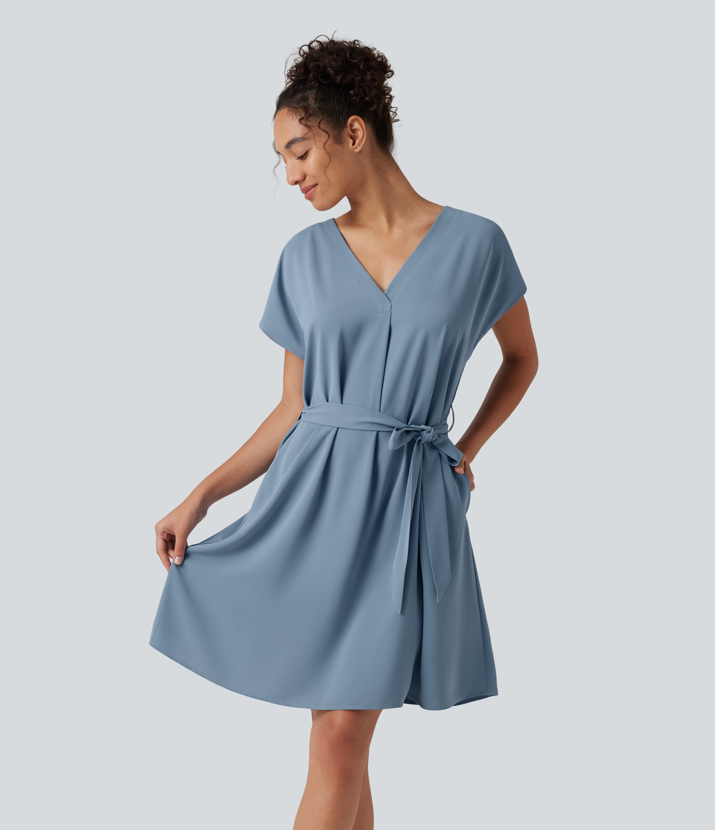 Wrinkle-Resistant V Neck Batwing Sleeve Belted Mini Work Dress with Pockets