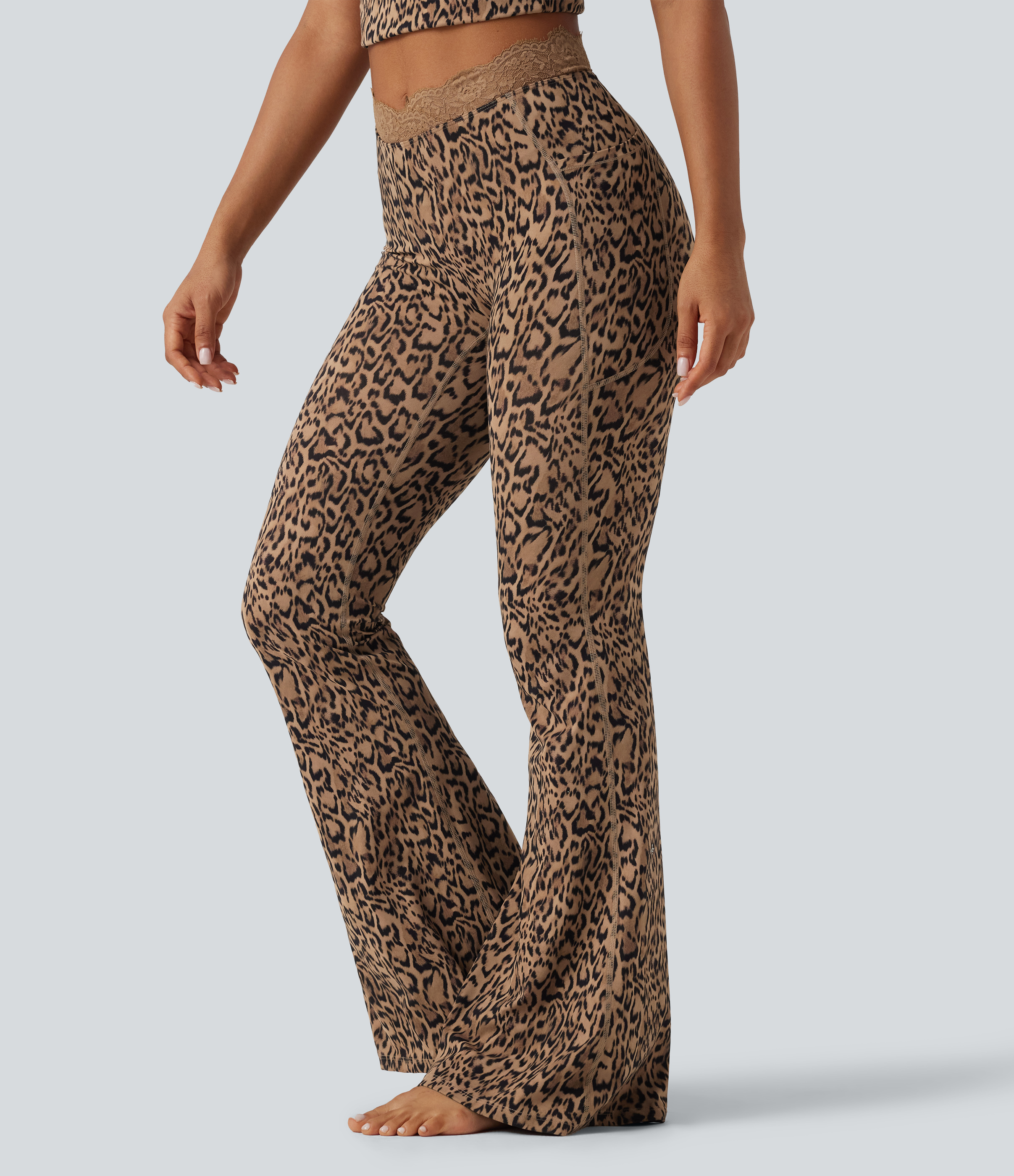 Halara UltraSculpt™ Leopard Print V-Shaped High Waisted Contrast Lace Yoga Flare Leggings with Pockets
