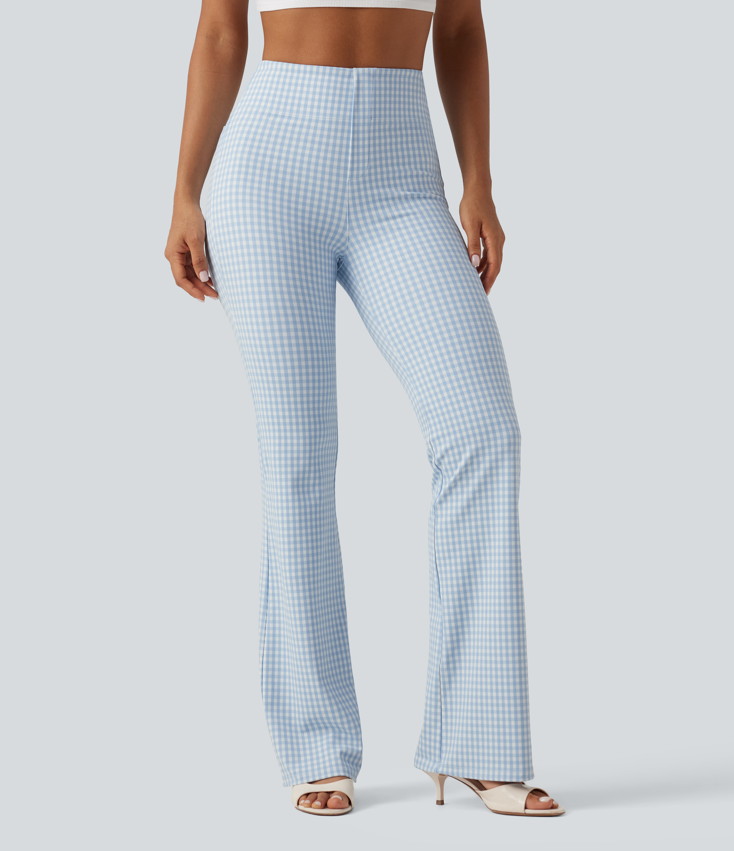 Blueberry Milk Gingham Halara Flex™ Pantalon de travail taille haute à carreaux, coupe bootcut, avec poches / 2
