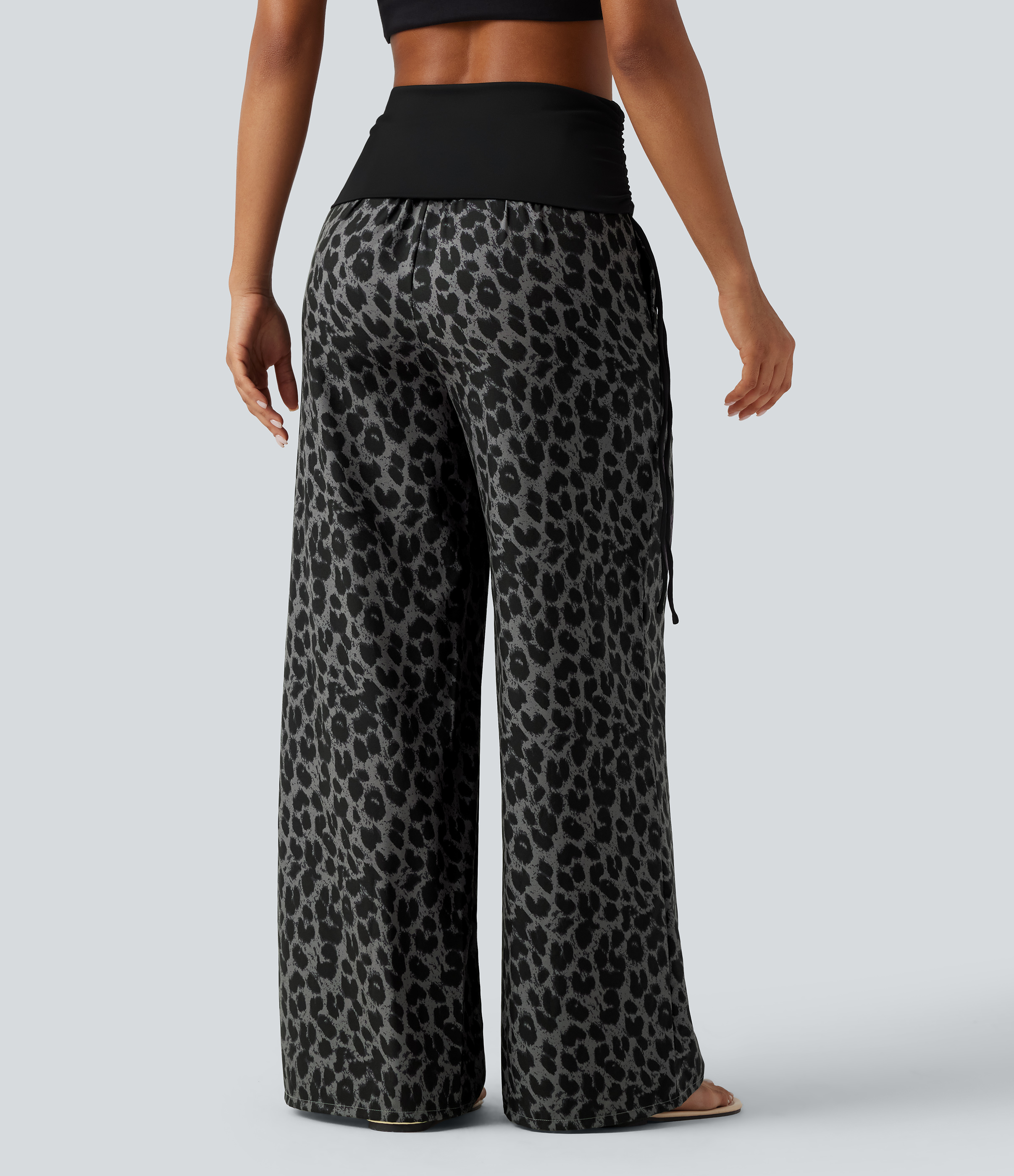 Urban Ash Leopard Pantalon baggy casual à imprimé léopard taille haute à revers avec fronces, cordon et poches / 2