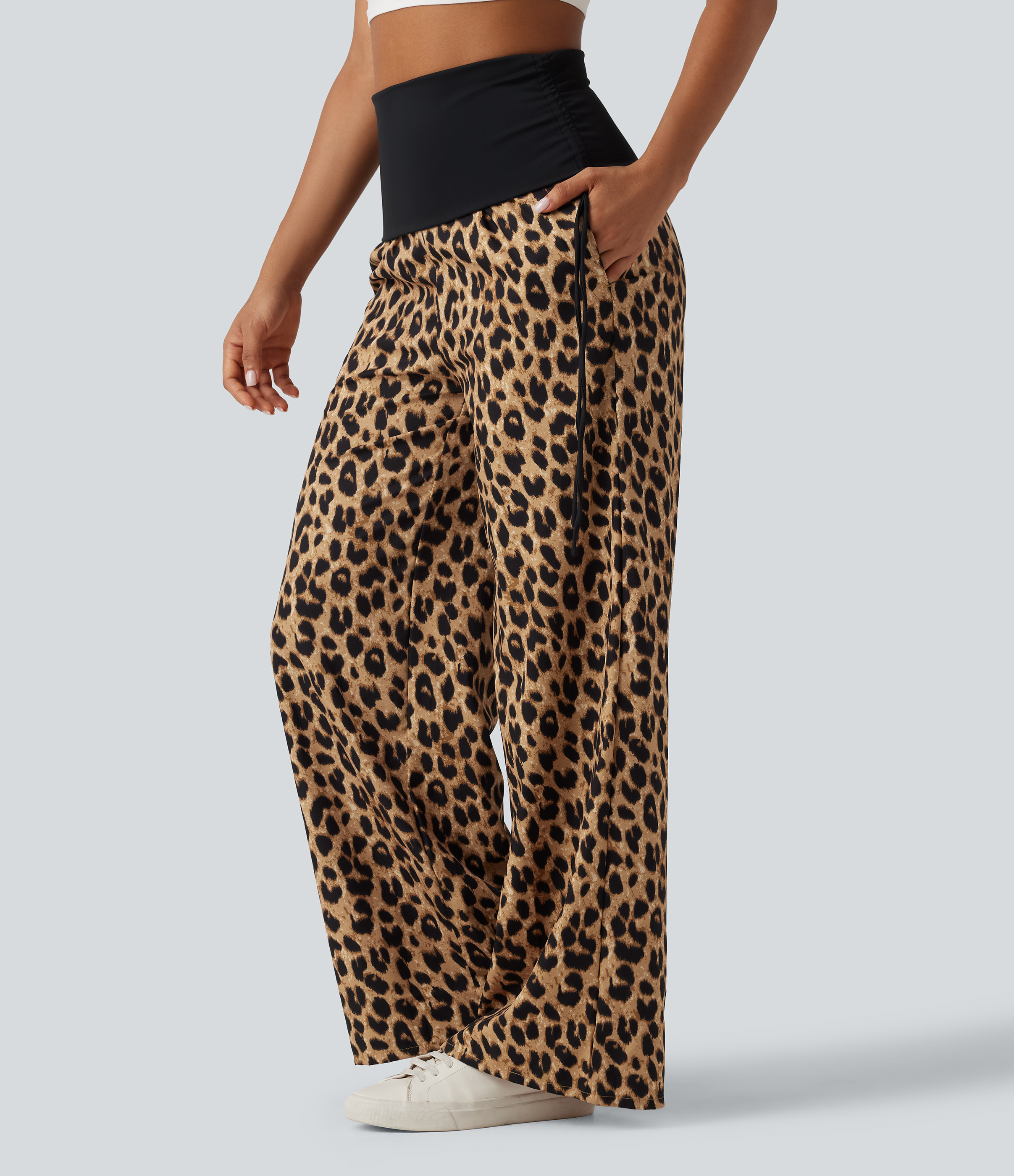 Foldover High Waisted Ruched Drawstring Baggy Leopard Print Casual Pants with Pockets