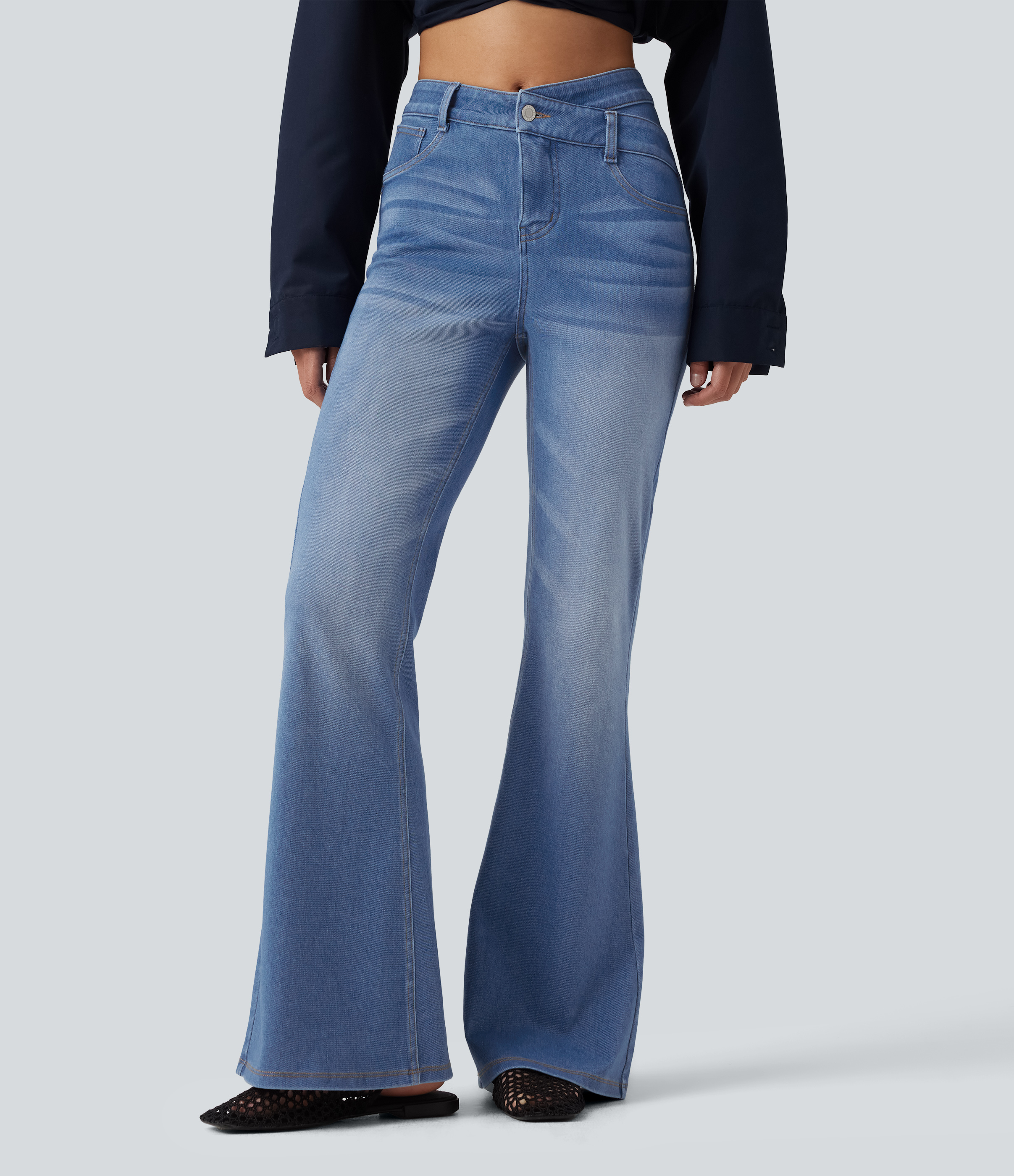 Halara Flex™ High Waisted Crossover Tummy Control Flare Casual Jeans with Pockets 