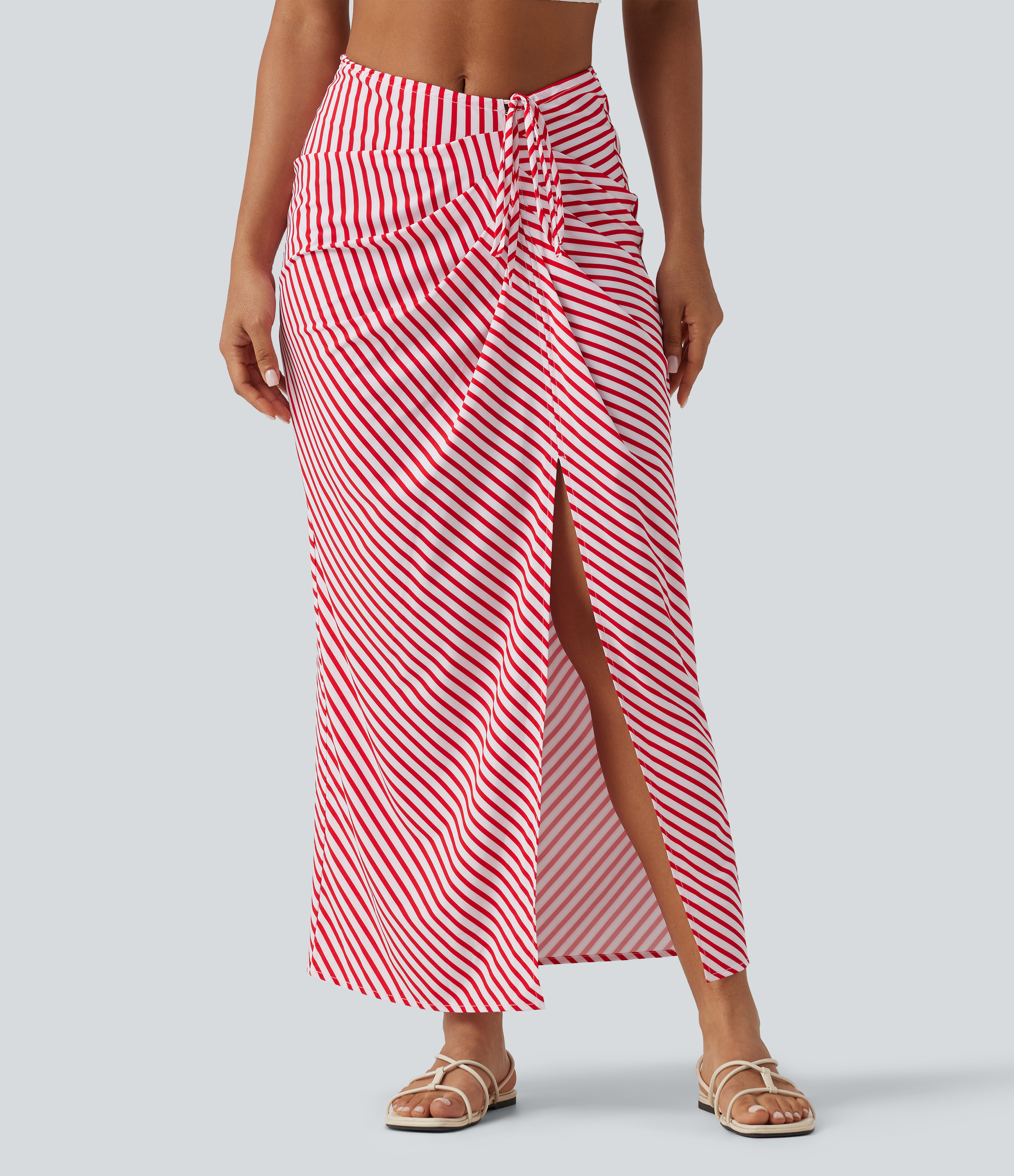 Mid Rise Tie Front Bodycon Ruched Floral/Stripe Print Maxi Skirt