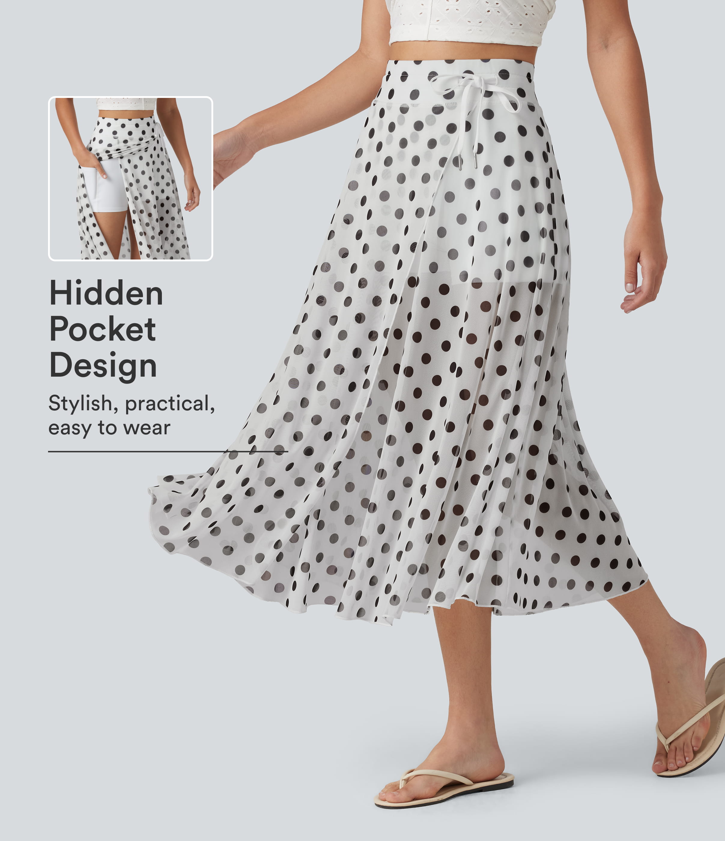 High-waisted Drawstring  Polka Dot Mesh 2-in-1 Midi Flowy Flare Resort Skirt with Pockets