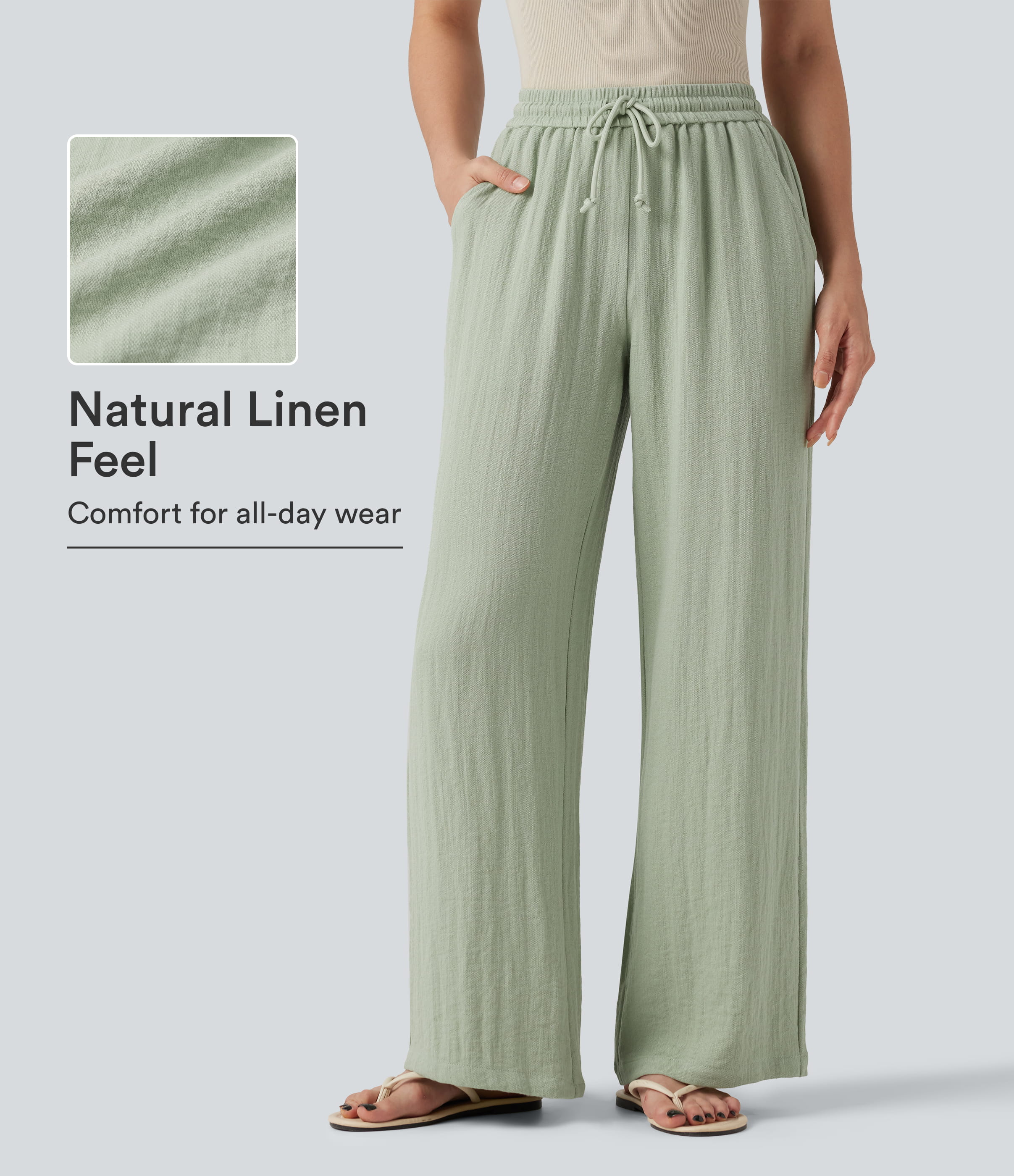 Low Rise Drawstring Wide Leg Baggy Casual Linen-Feel Pants with Pockets