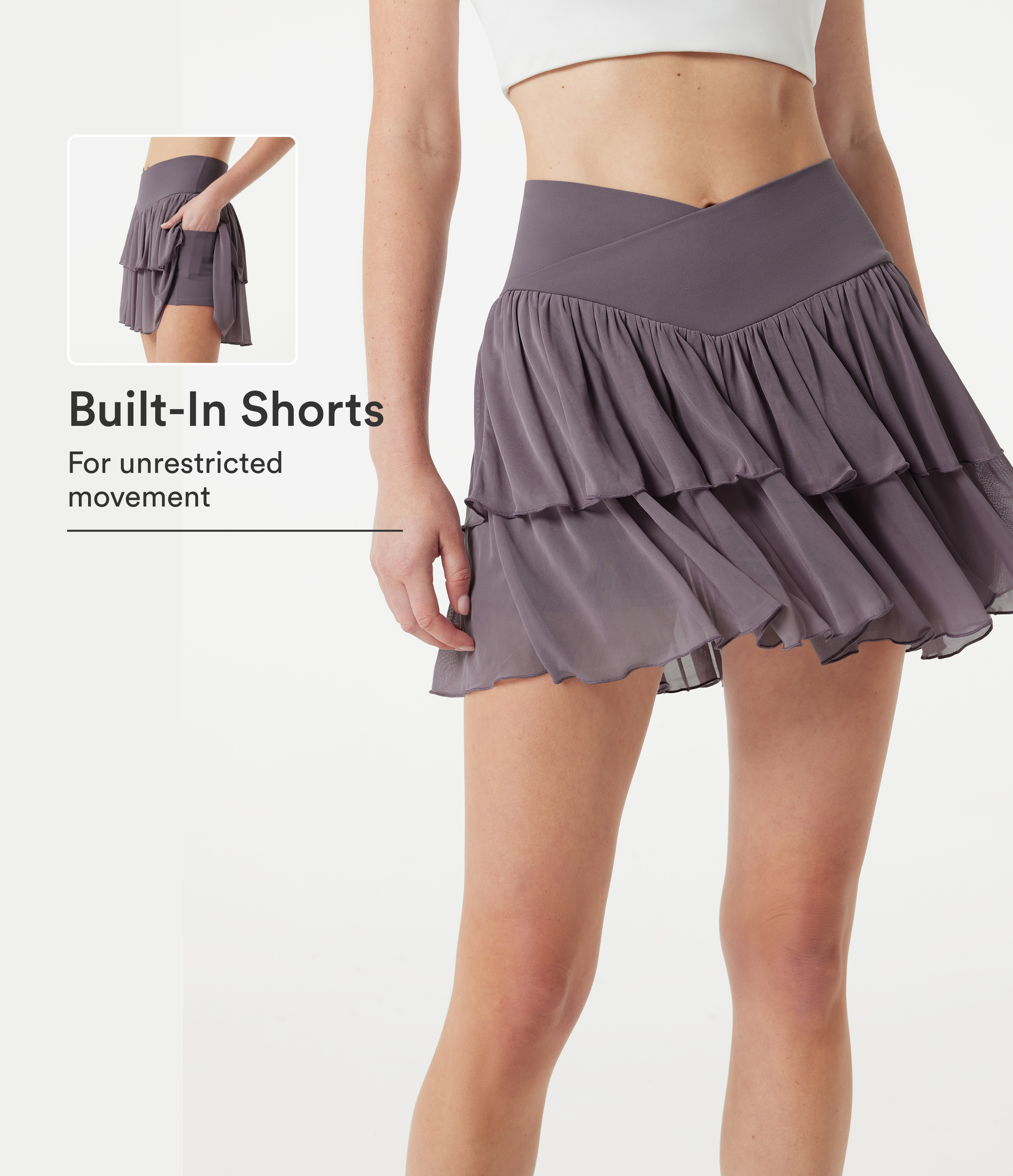 Crossover High-waisted 2-in-1 Tiered Mesh Mini Tennis Flowy Skirt with Pockets