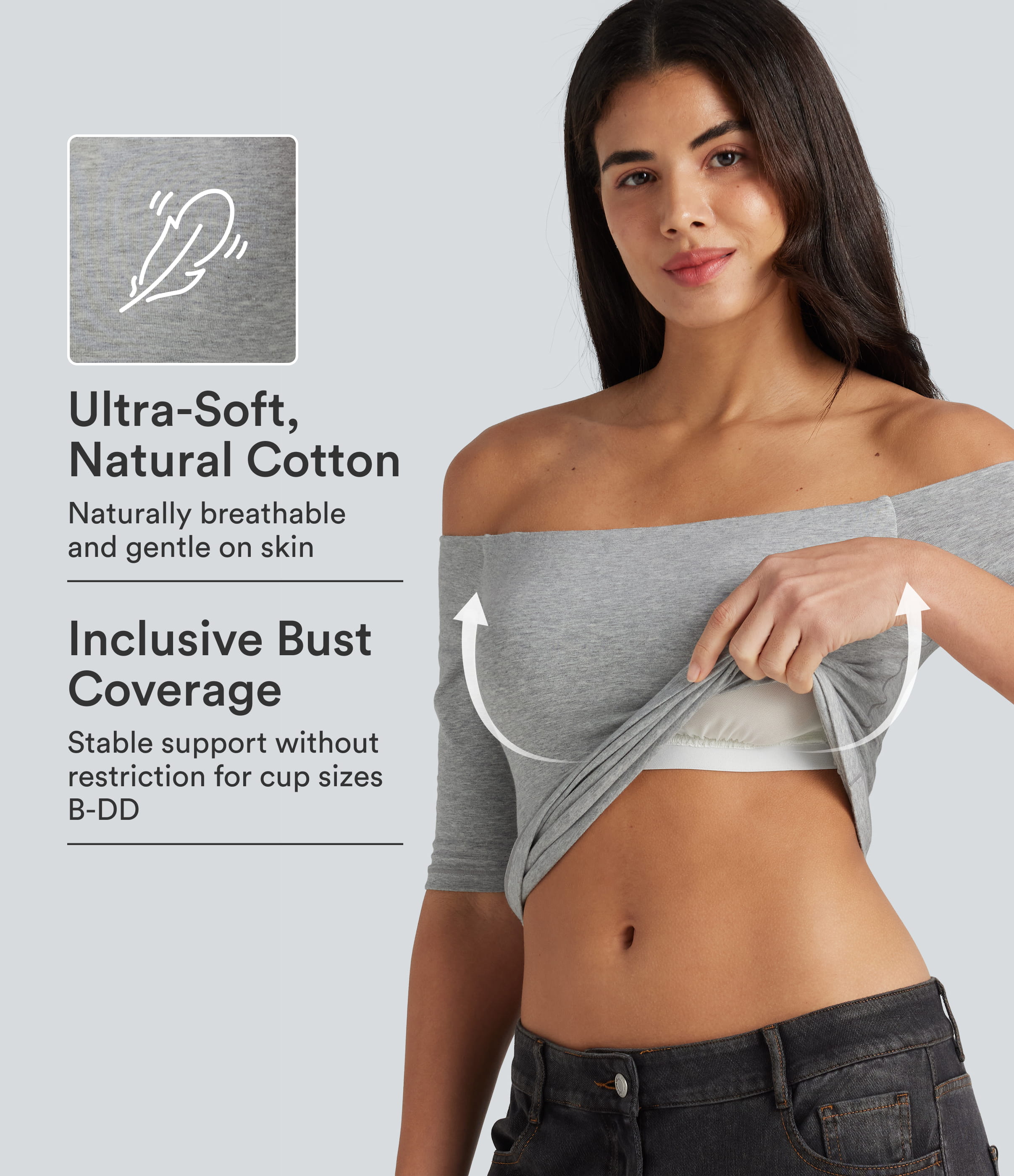 Halara Cotton Jersey Off-Shoulder Removable Straps Half Sleeve Built-in Bra Casual T-Shirt B-DD Cups