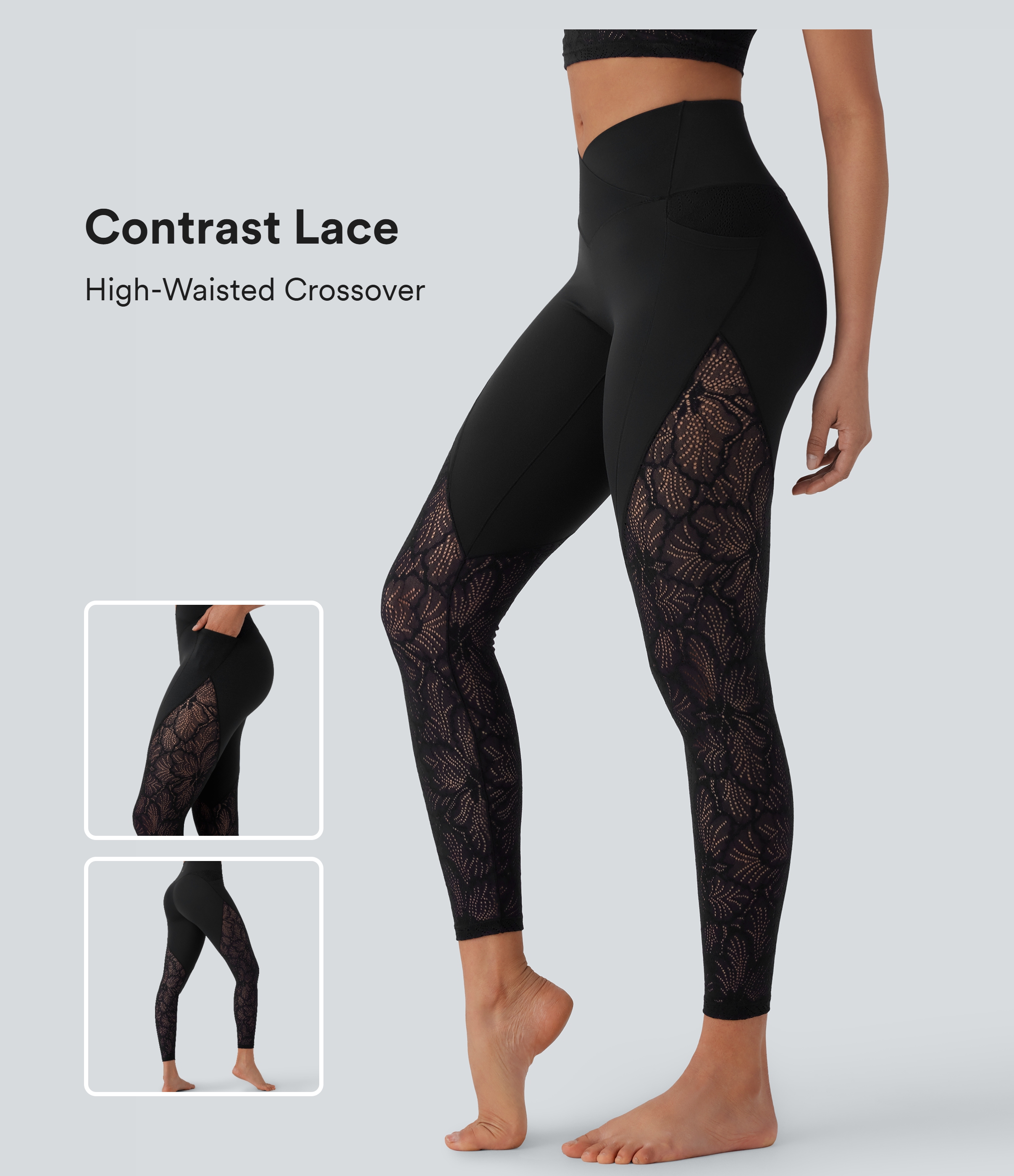 Softlyzero™ - 7/8-Crossover-Yoga-Leggings mit Kontrastspitze, hohem Bund und Seitentaschen