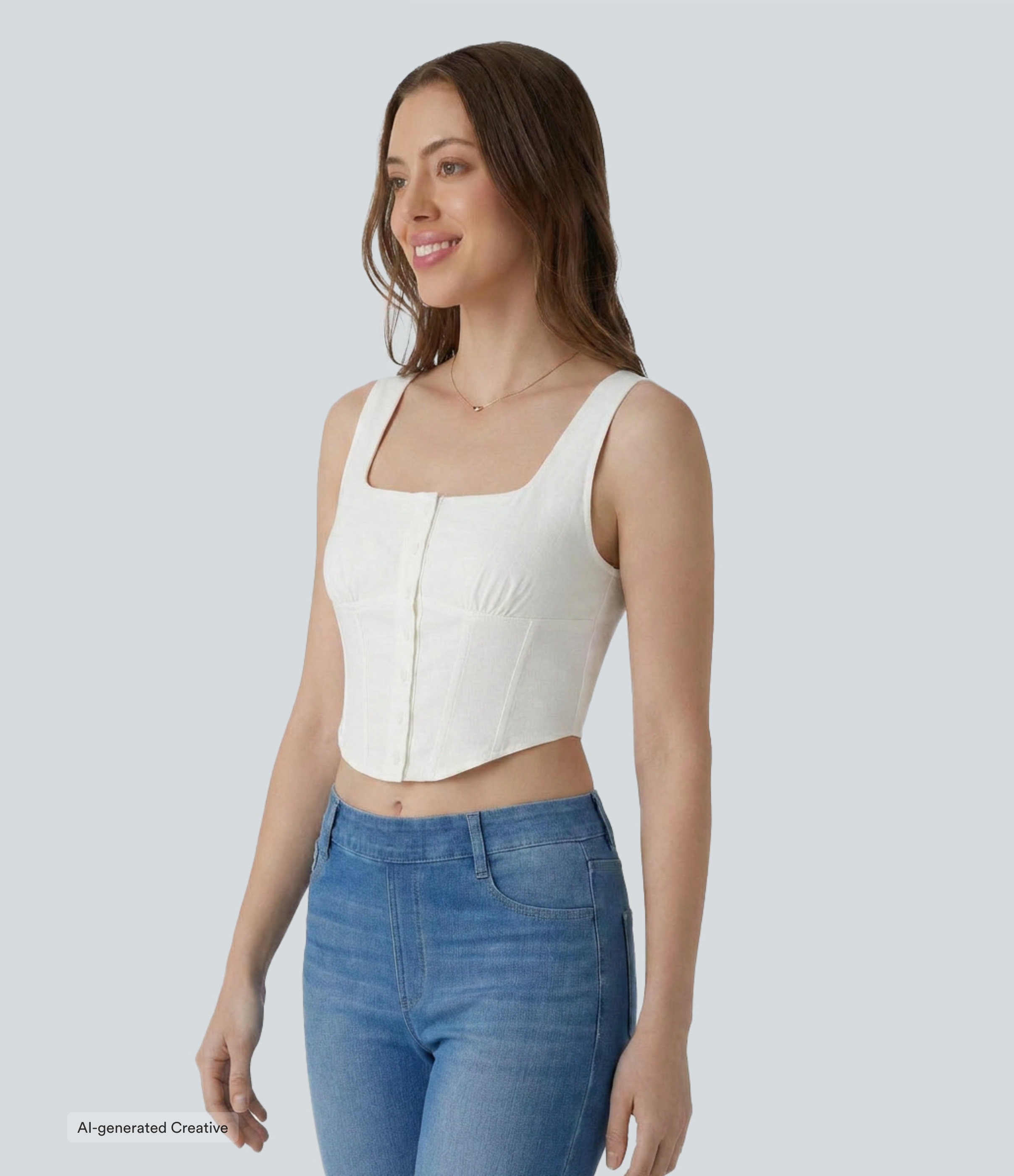 Square Neck Corset Tie Back Curved Hem Cropped Casual Linen-Blend Tank Top