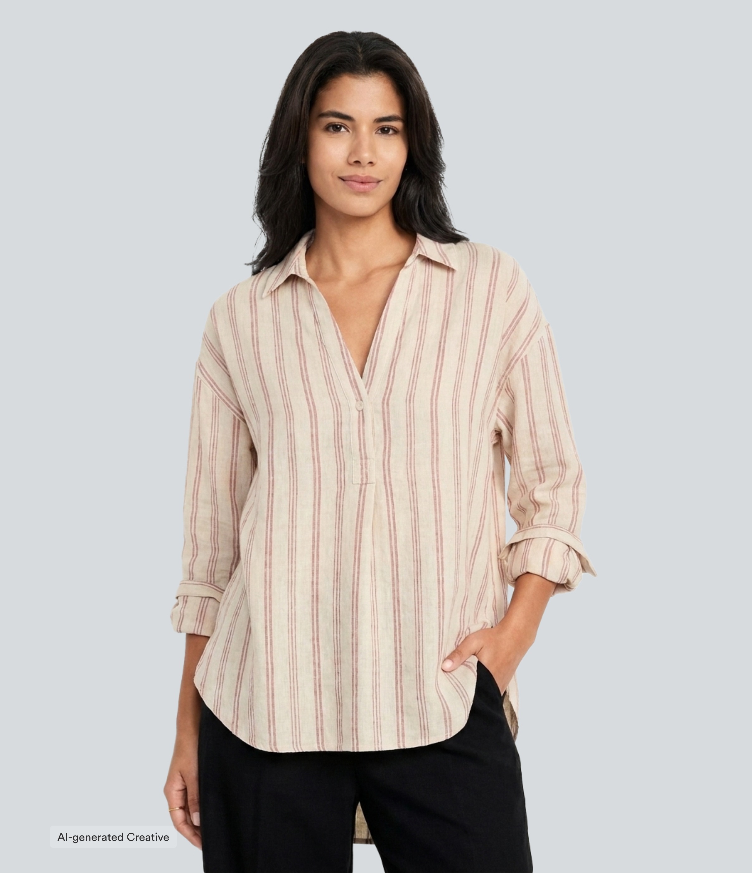 V Neck Long Sleeve Stripe Casual Shirt